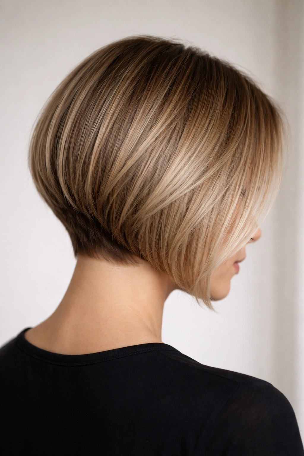 Graduated bob with light stacking at the nape showing crisp silhouette and longer front