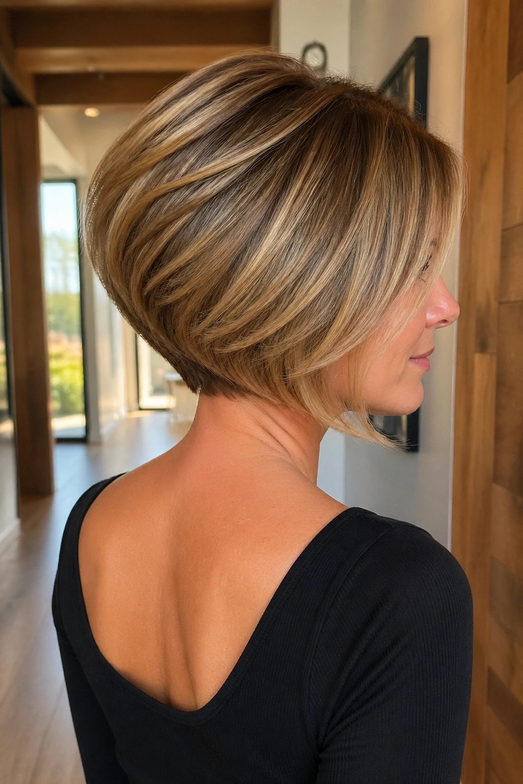 Portrait showing graduated bob with crown lift on a real person