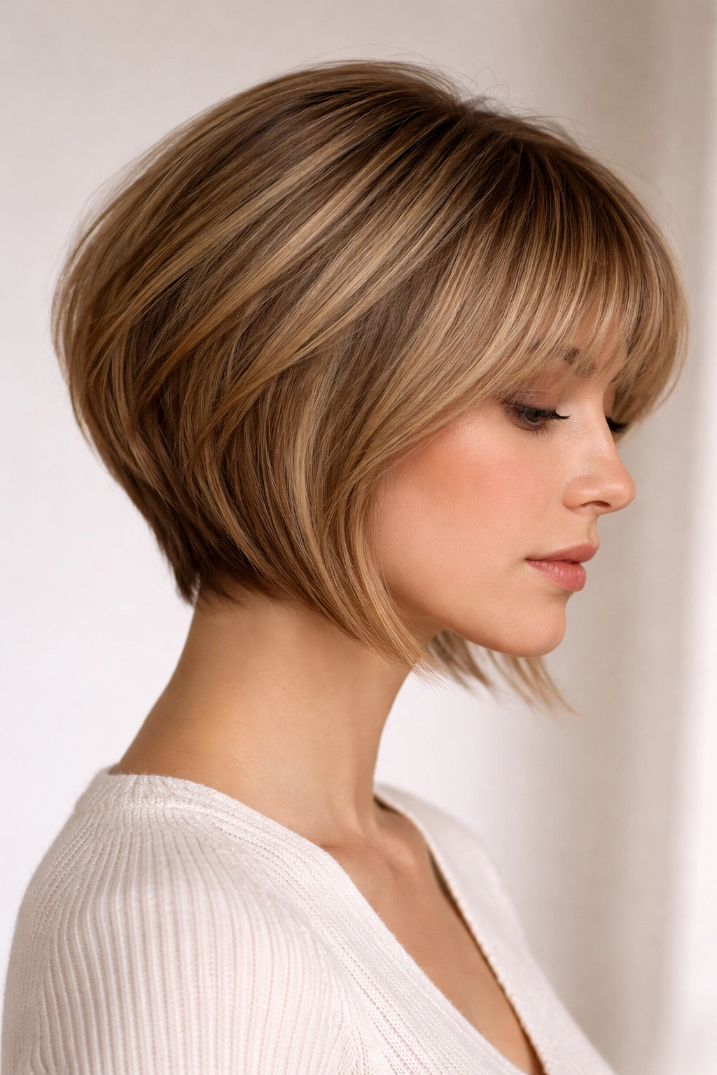 Graduated bob with feathered bangs showing crown lift.