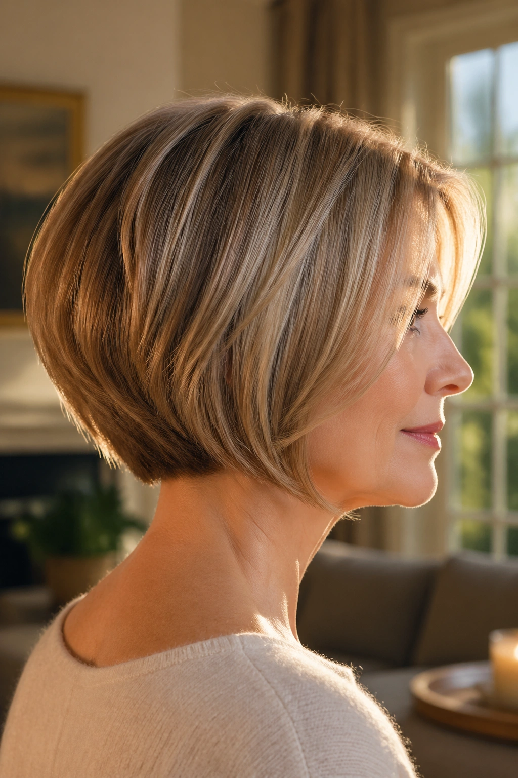 Real woman portrait showing graduated bob with fuller back and nape lift in natural window light