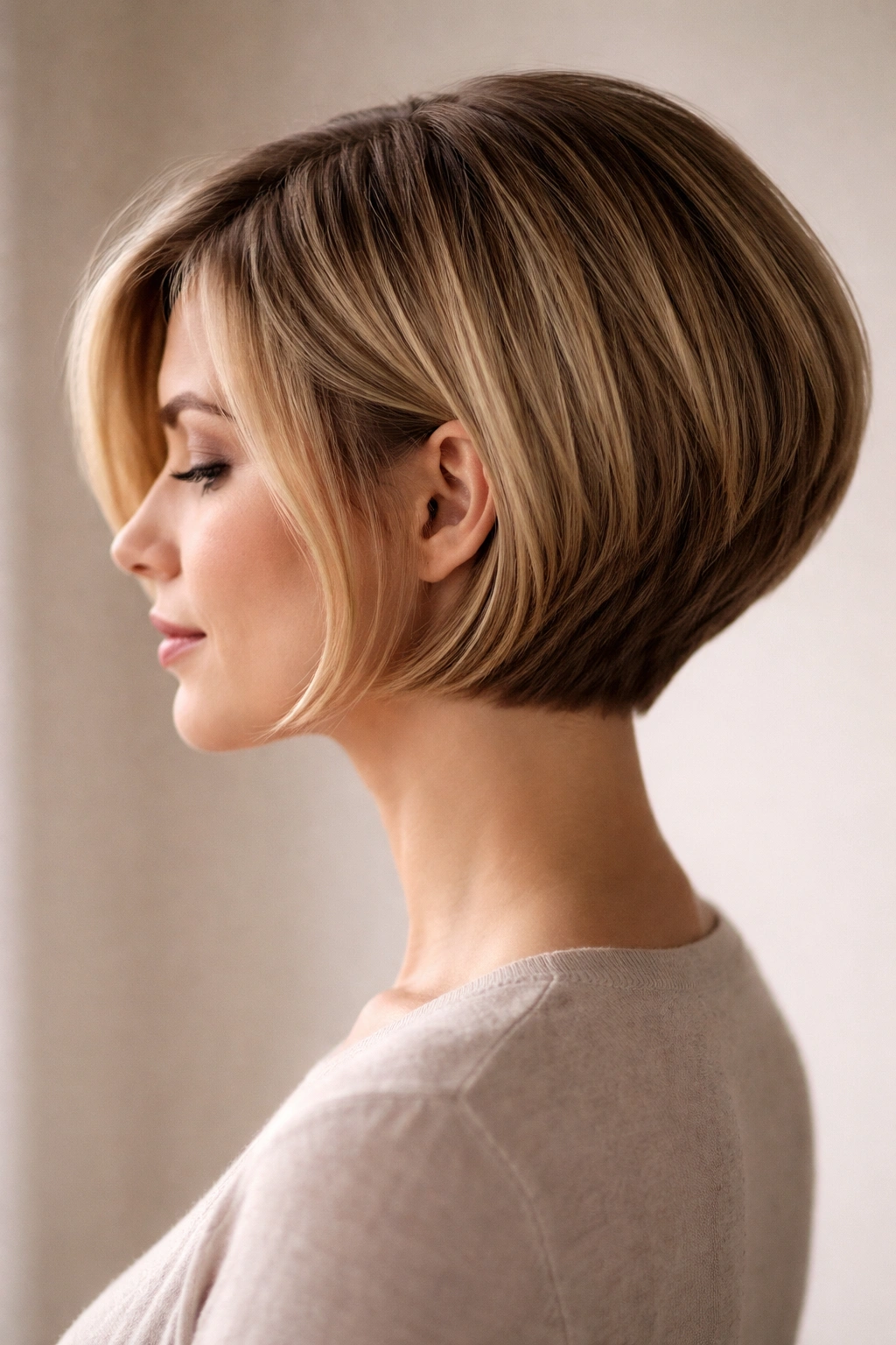 Close-up of a graduated bob hairstyle showing stacked back and rounded neckline in a neutral studio setting
