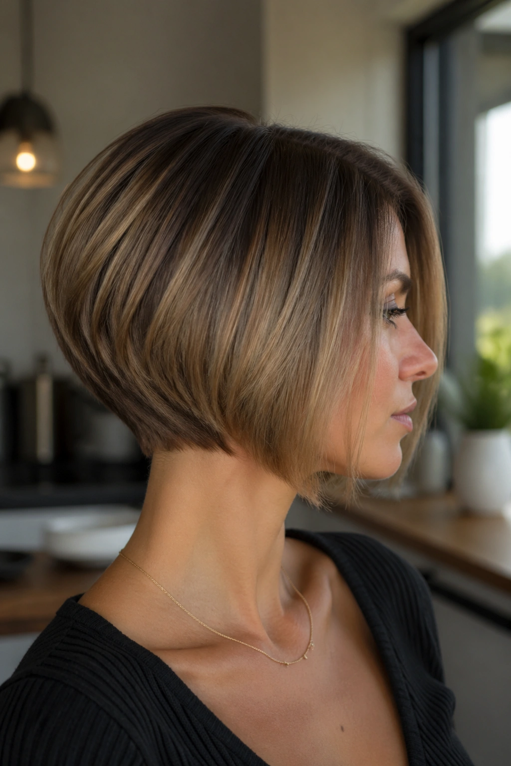 Three-quarter profile of a real woman with a graduated bob showing nape stacking