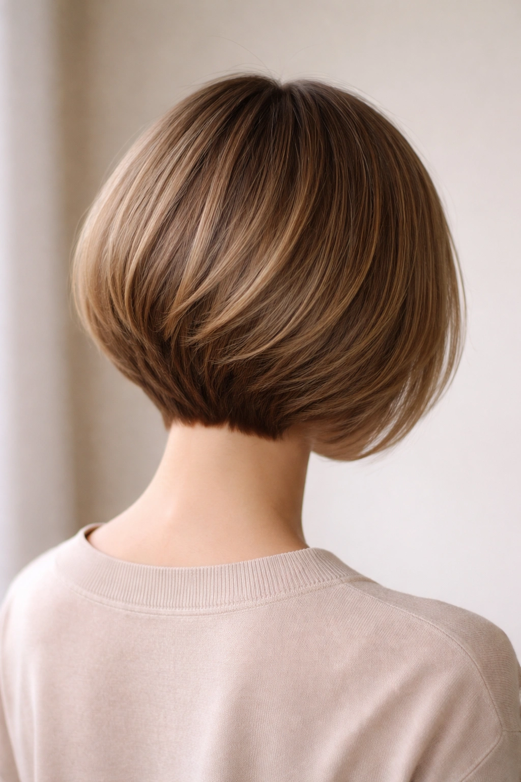 Graduated bob with rounded back silhouette in studio portrait