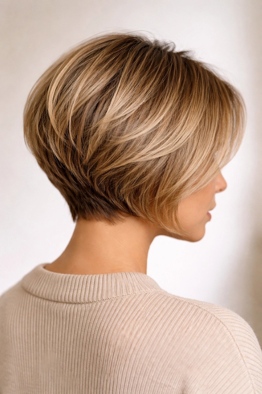 Graduated bob with back stack and lifted crown