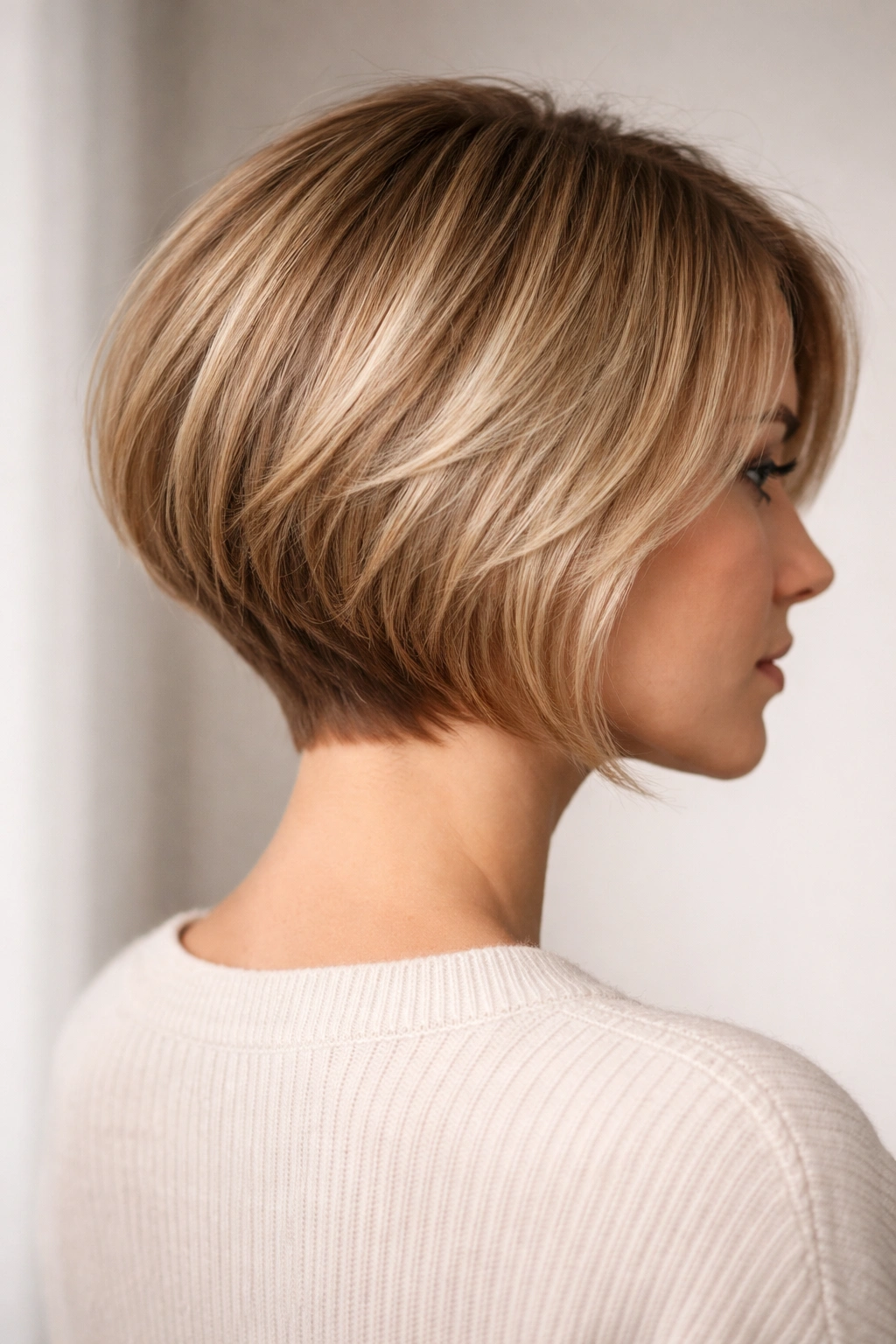 Three-quarter view of a graduated bob with a tapered back for fine hair