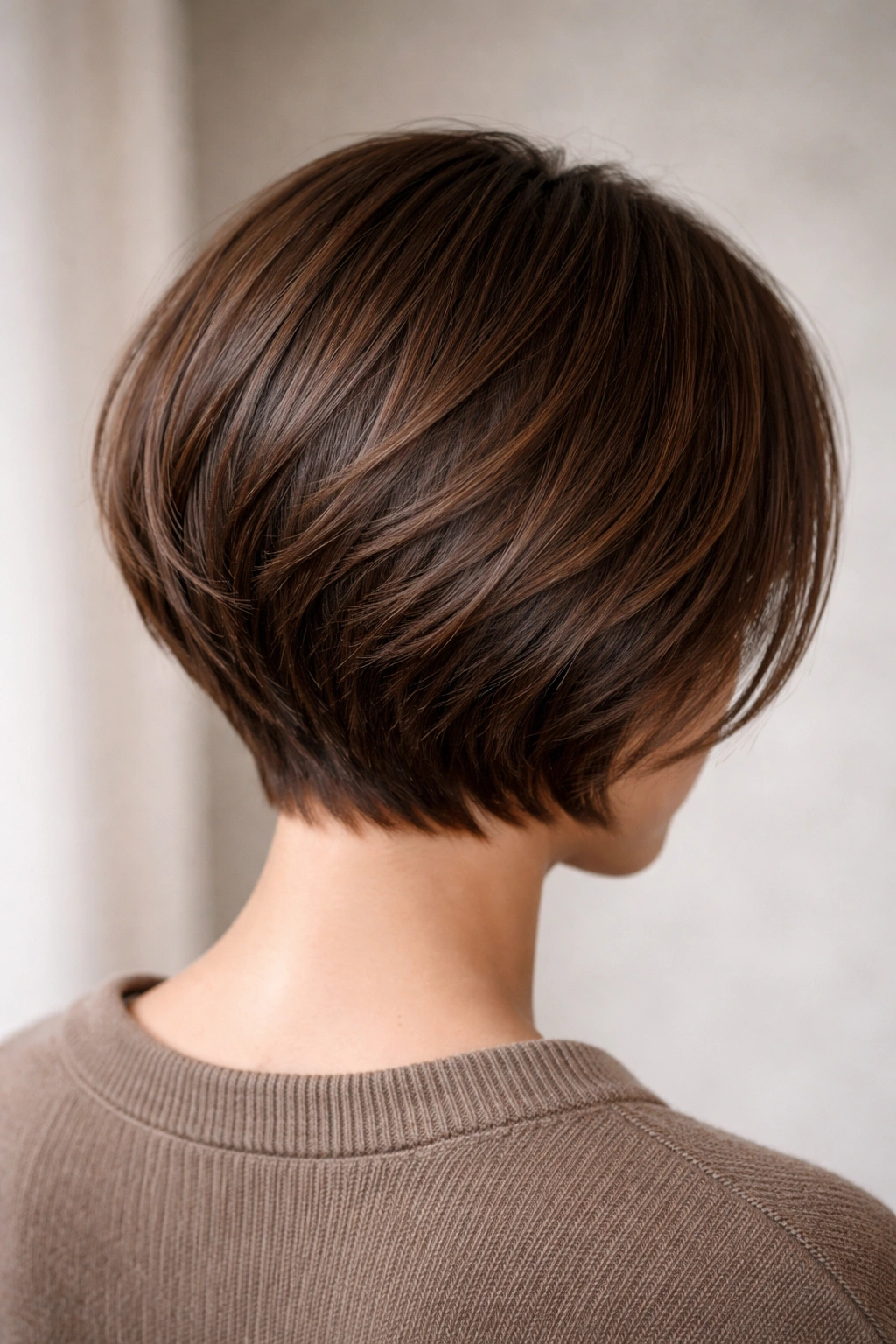 Graduated stack bob showing back with soft nape in a studio