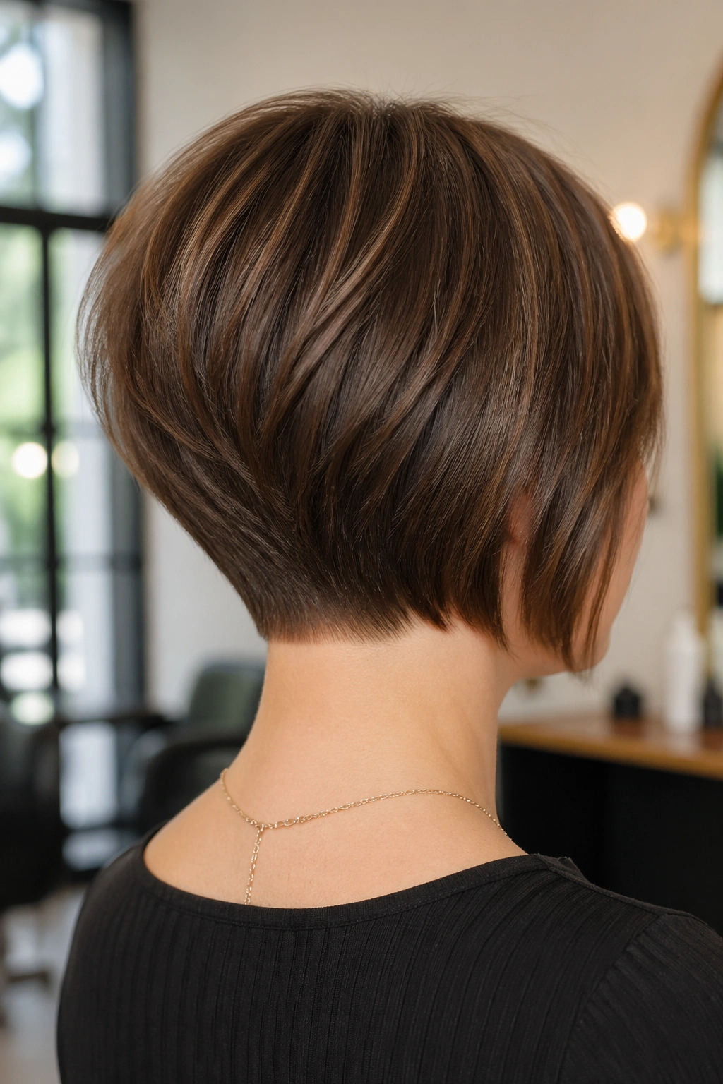 Close-up portrait of a real woman with a graduated stack bob showing crown lift in a chic salon