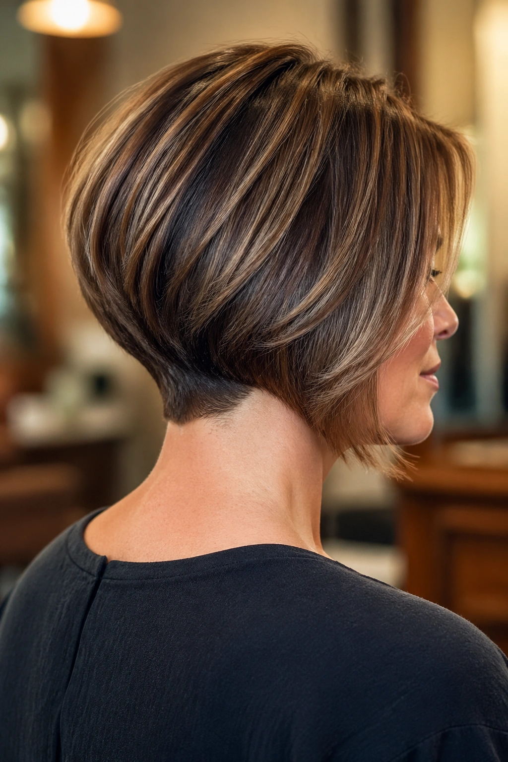 Close-up of a real woman with a graduated stacked bob showing back layers