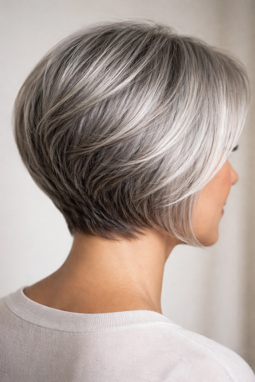 Close-up of stacked bob on gray or silver hair with crisp back and shine.