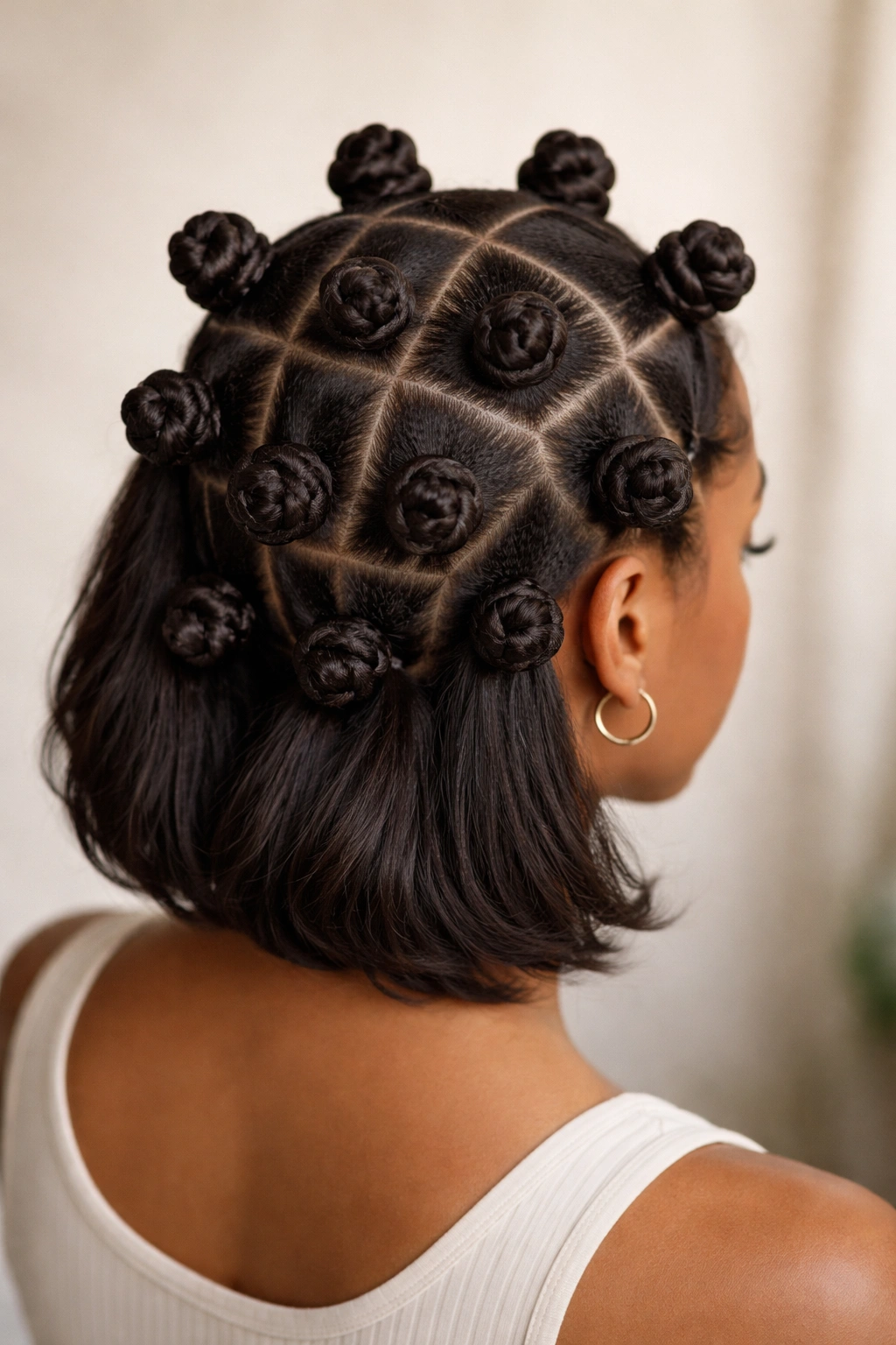 Close-up of a model's head showing a precise square-grid of Bantu knots on medium-length hair
