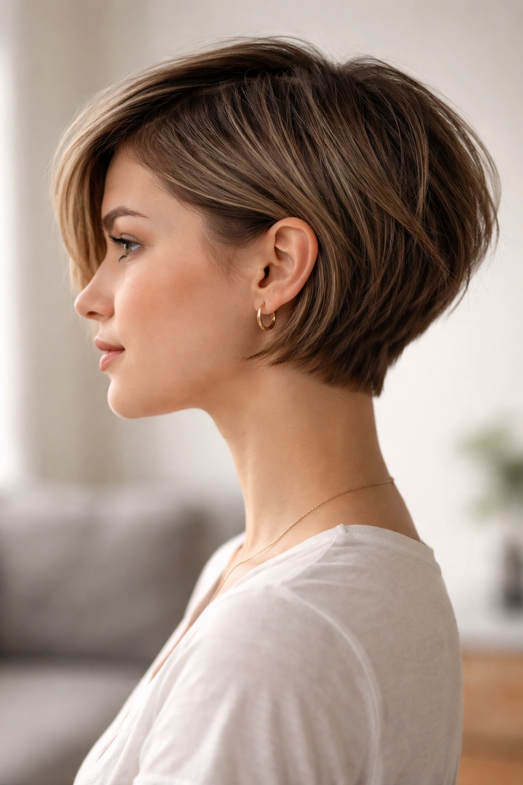 Side profile of a grown-out pixie bob with longer front pieces and neat nape