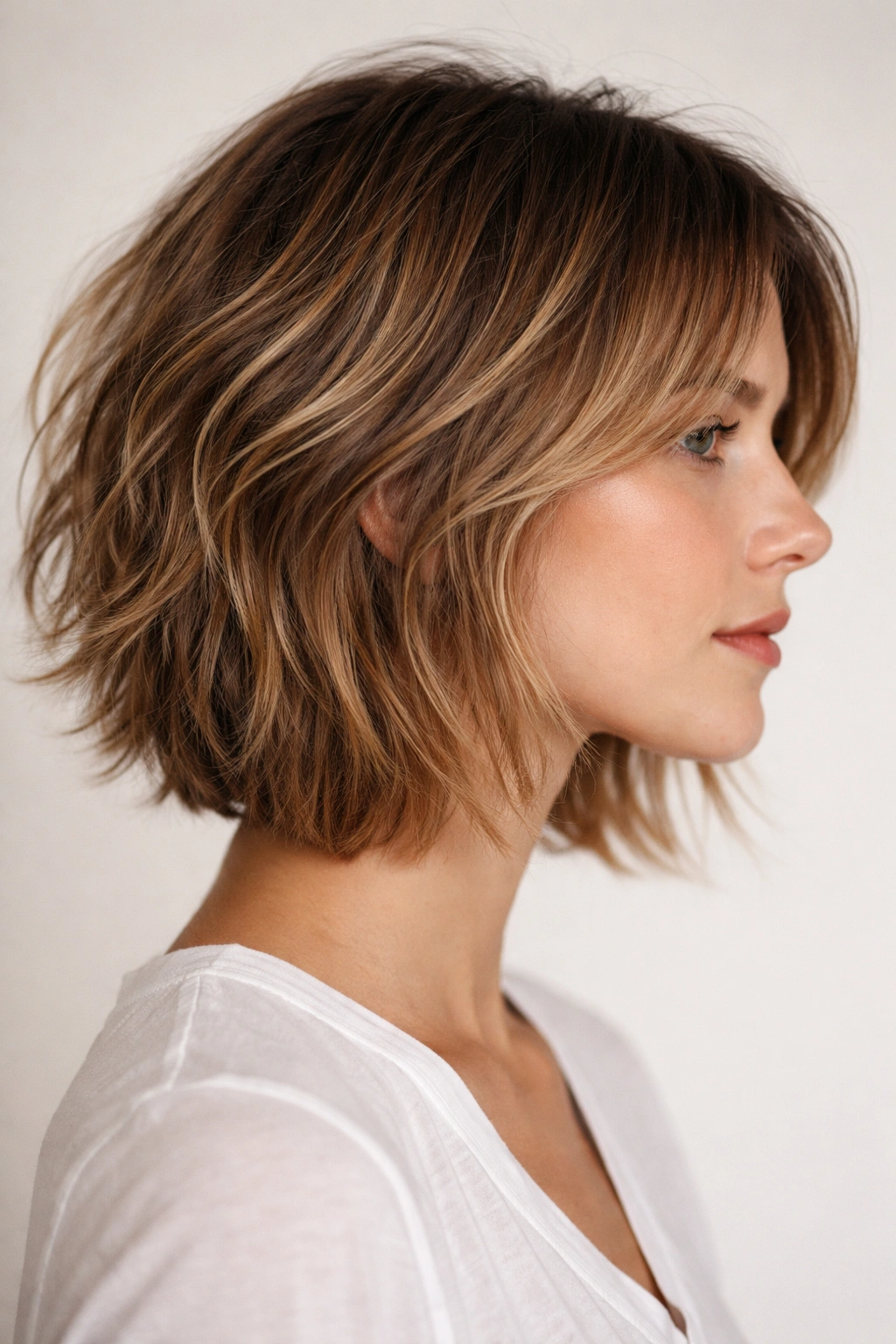 Side profile of a grown-out shaggy bob with longer front pieces and subtle movement.