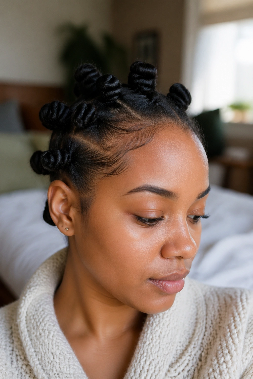 Portrait focusing on a real person's hairline with soft edges and minimal tension.