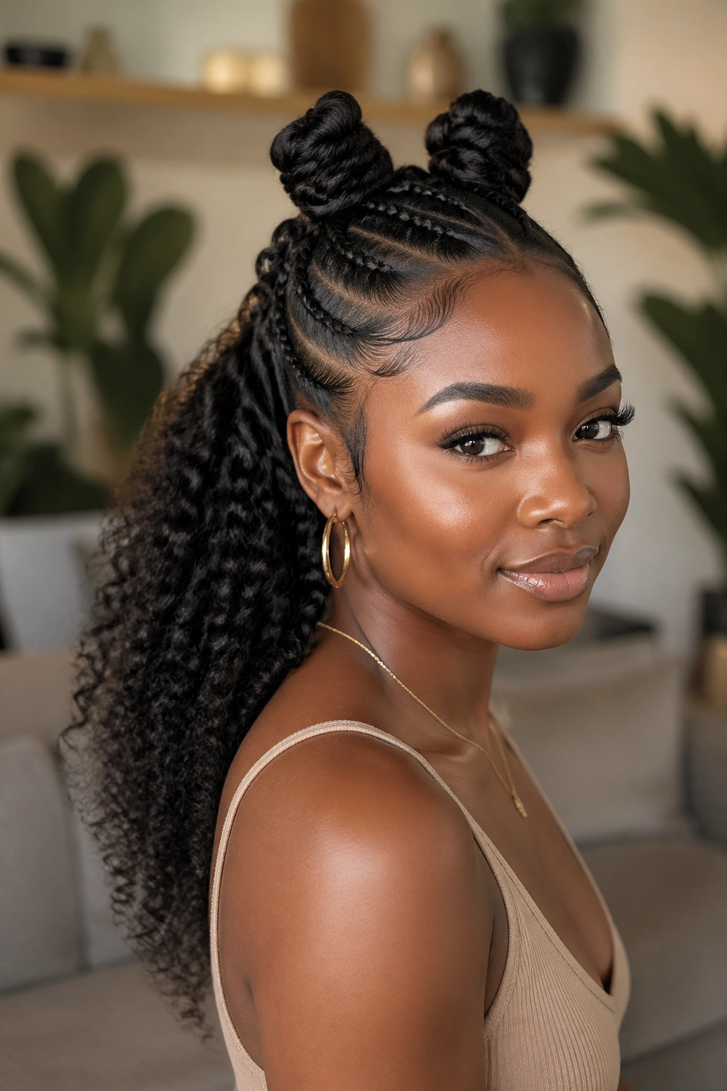 Close-up of a woman with half-braided top and curly bottom with two top knots