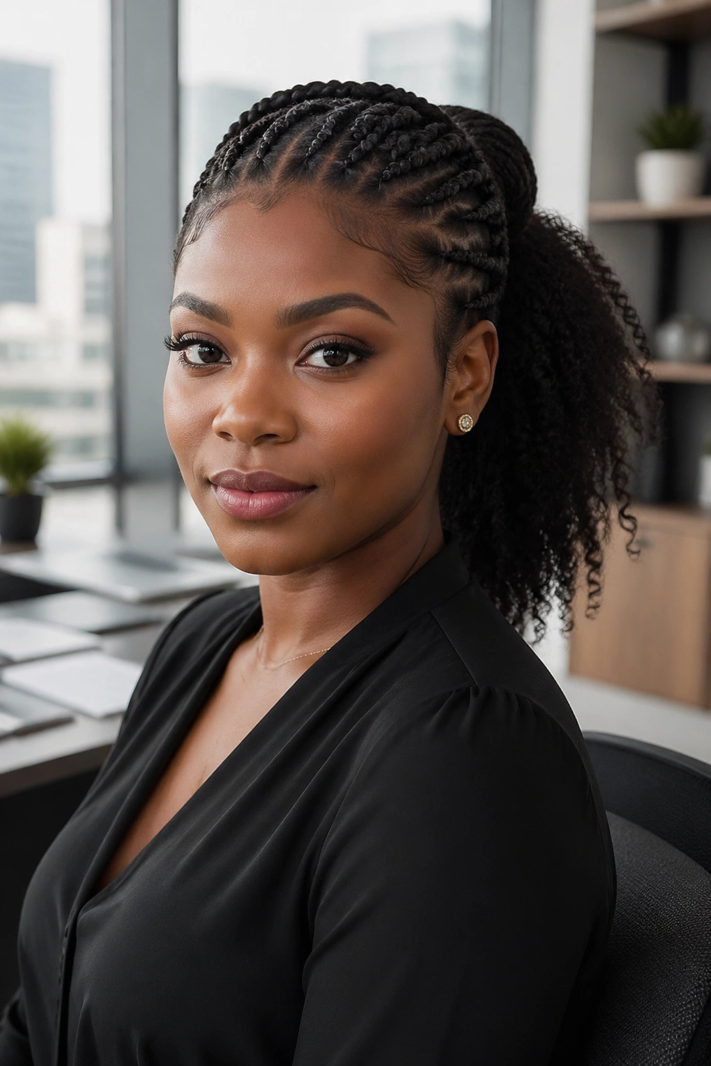 Portrait of a real woman with half-braided front and ponytail back