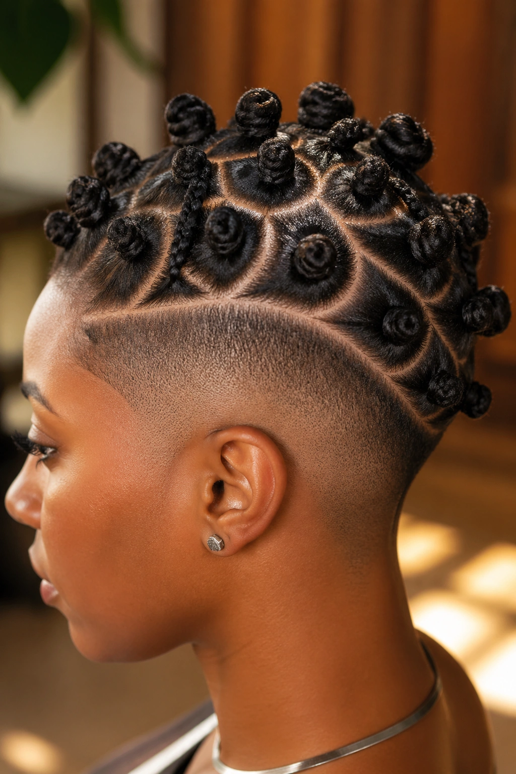 Close-up portrait of a real person with Half-Moon Knot Pattern and a Drop Fade