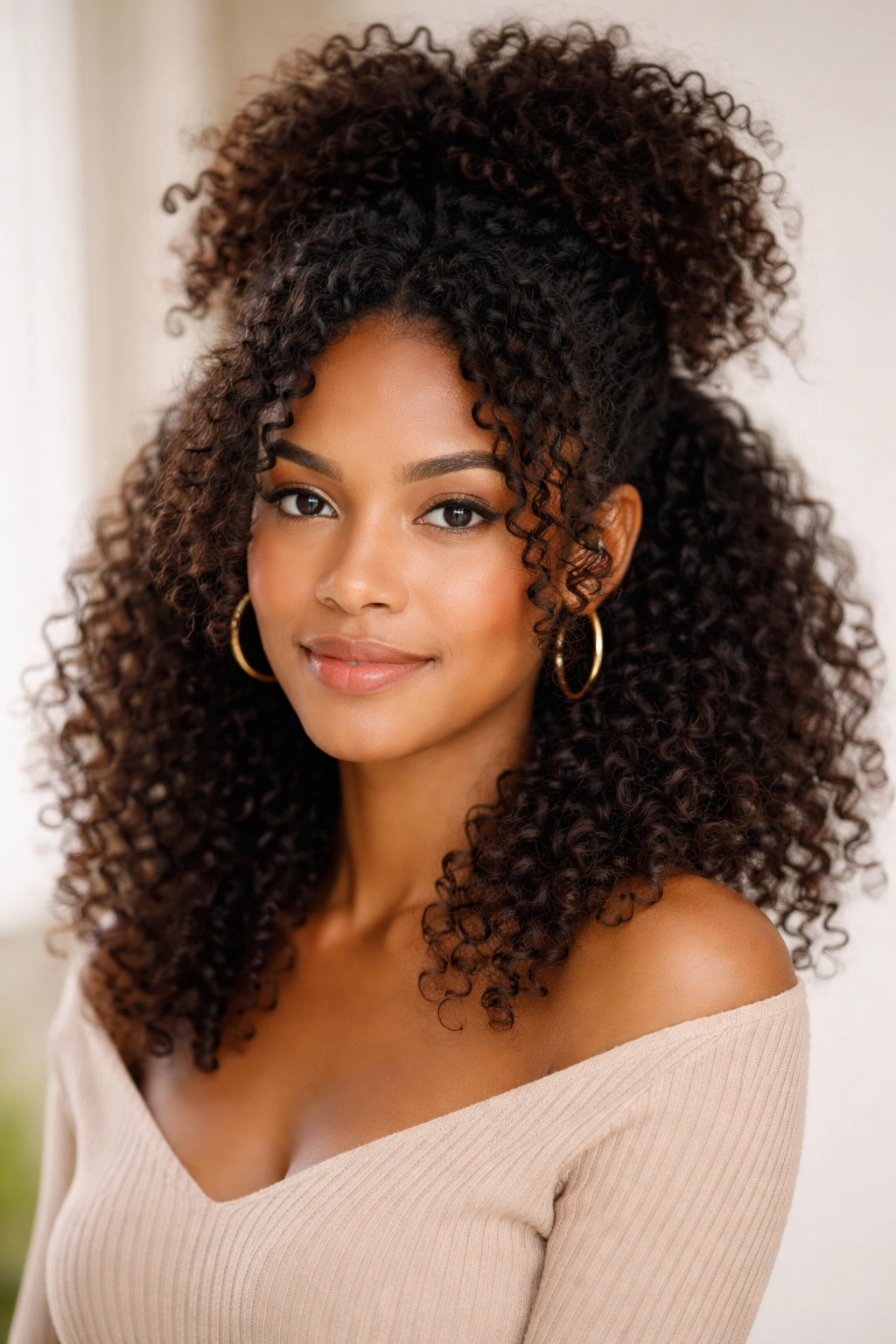 Half-up curly afro with face-framing front pieces in a head-and-shoulders shot