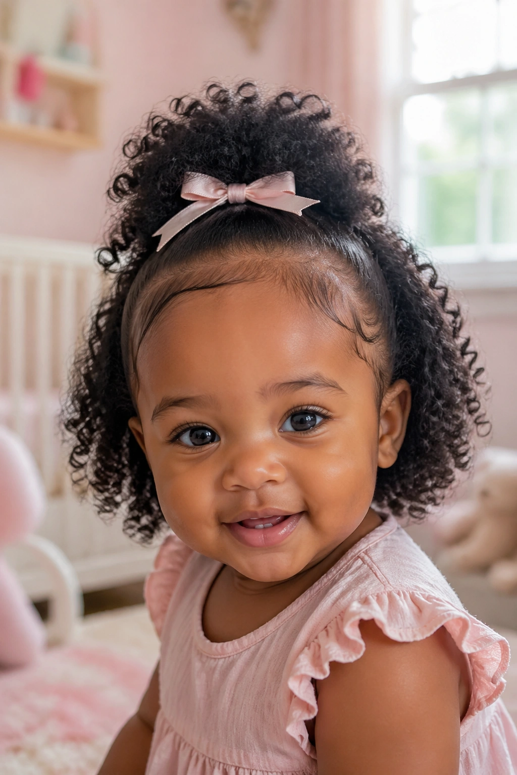 Close-up of a real baby girl with a half-up afro puff and loose curls framing her face
