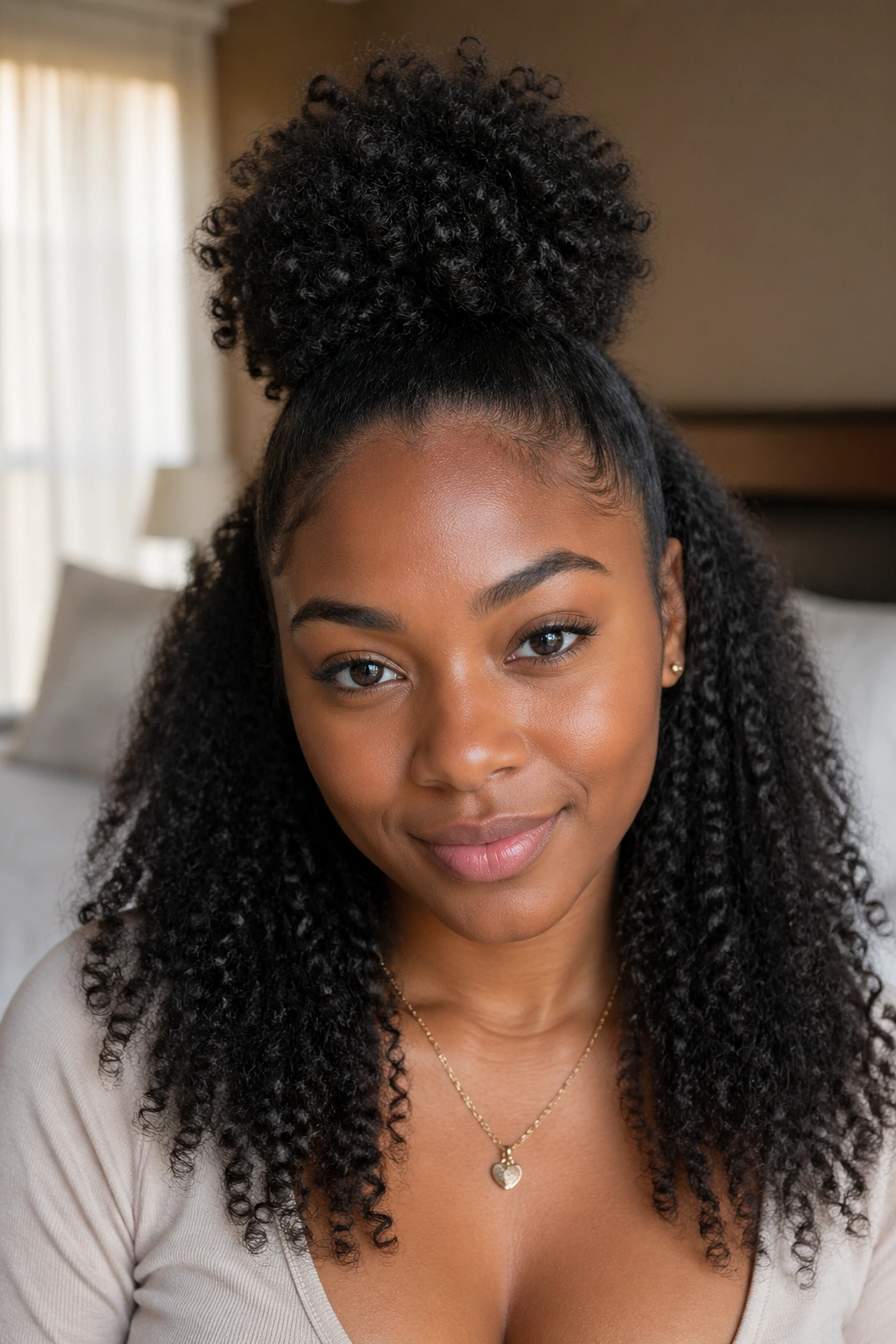 Front-facing close-up of a real woman with a half-up Afro puff