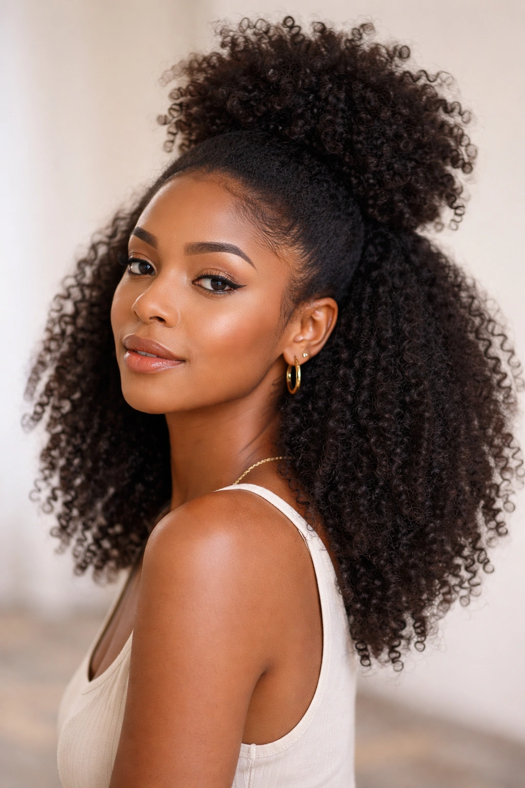 Half-up half-down afro with neat crown and voluminous lower hair