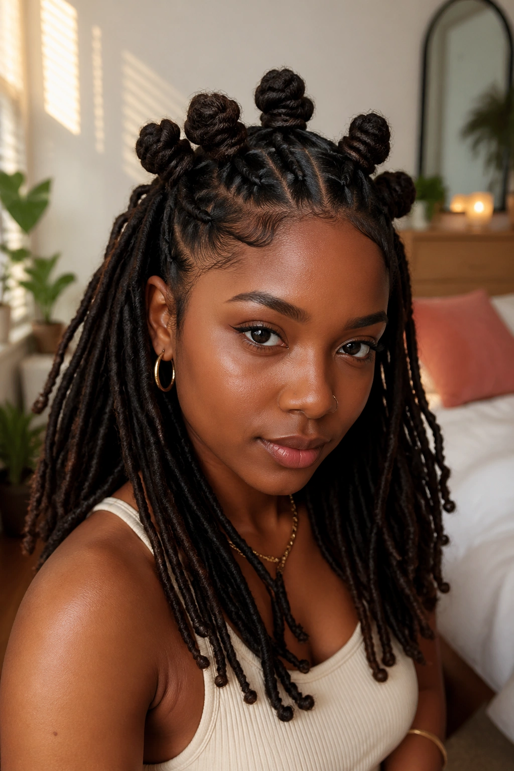 Close-up of a real person with half-up crown Bantu knots on locs.