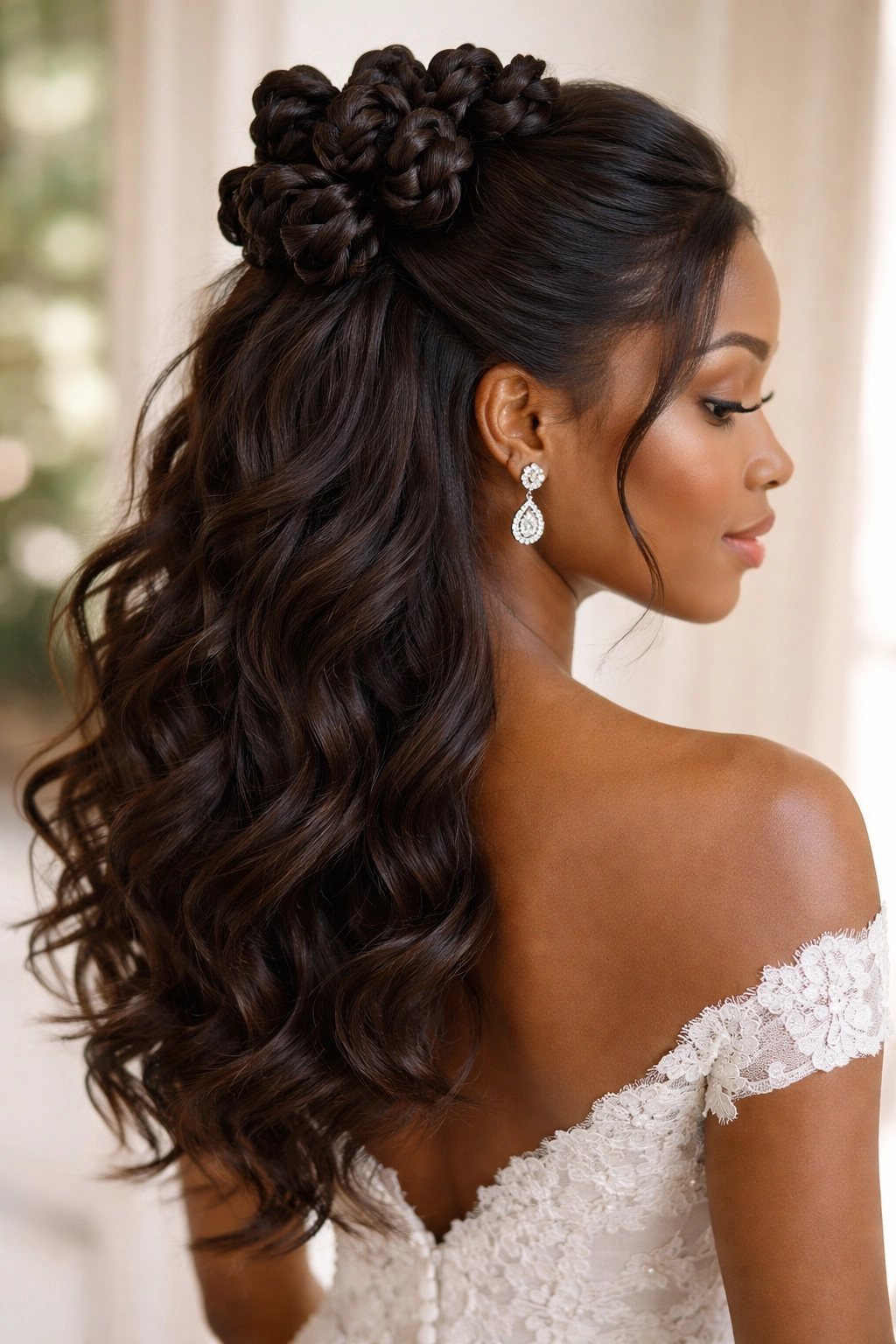 Half-Up Bantu Knot Bouquet with loose curls cascading below