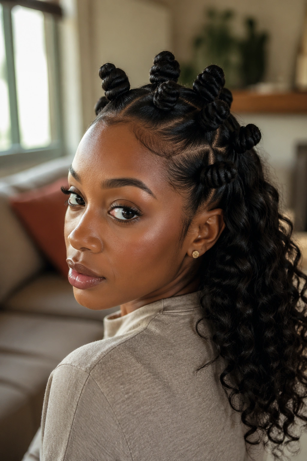 Half-up medium Bantu knots on crown with loose back hair
