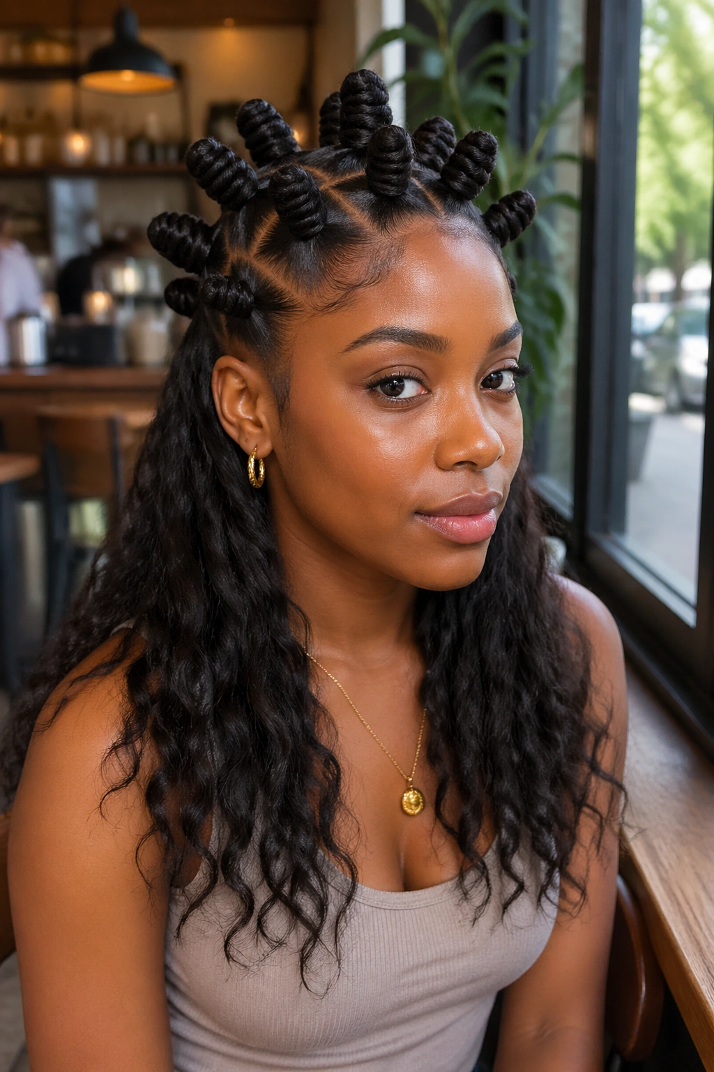 Portrait of a real woman with half-up bantu knots and loose hair