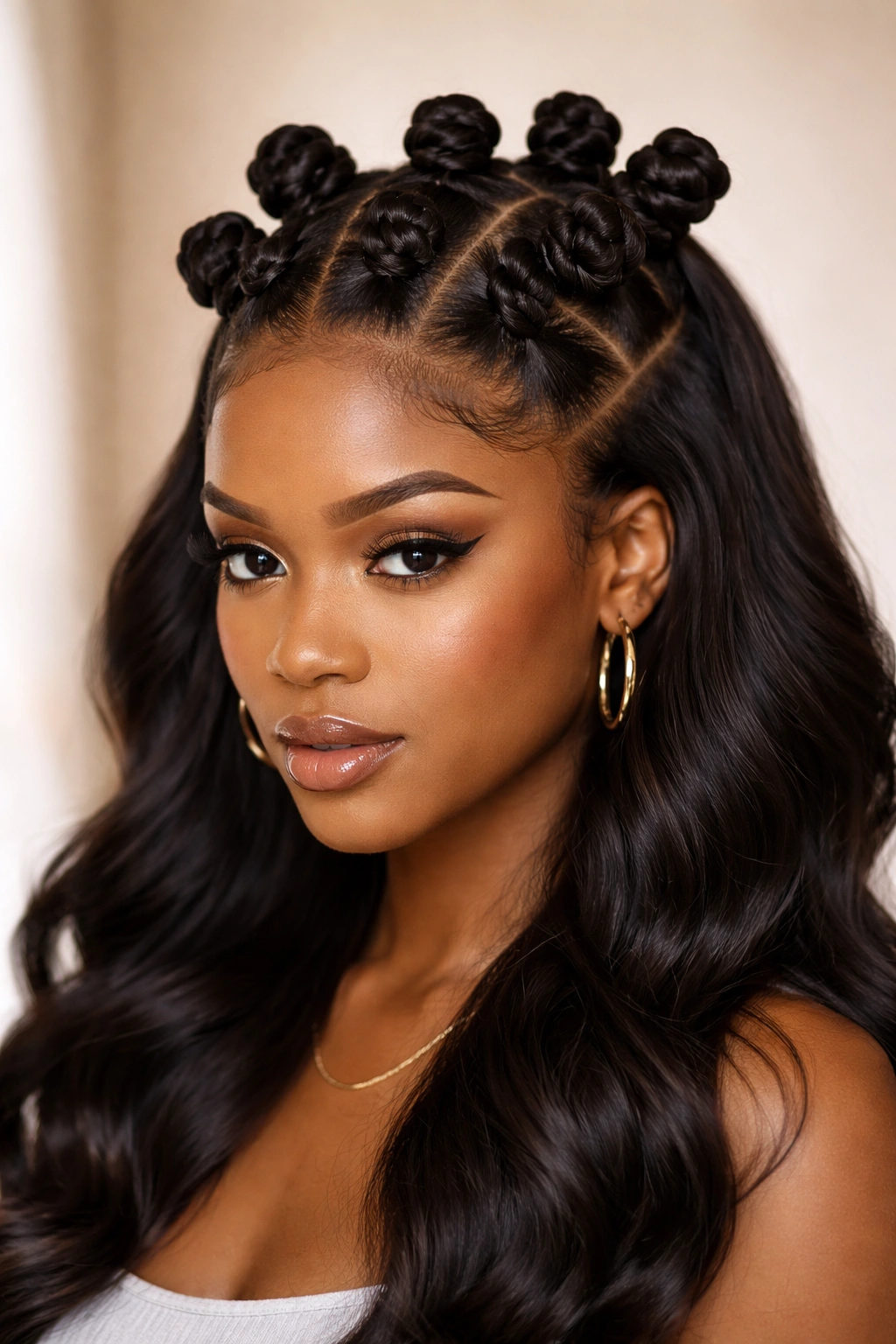 Upper head with crown of Bantu knots and smooth lower weave