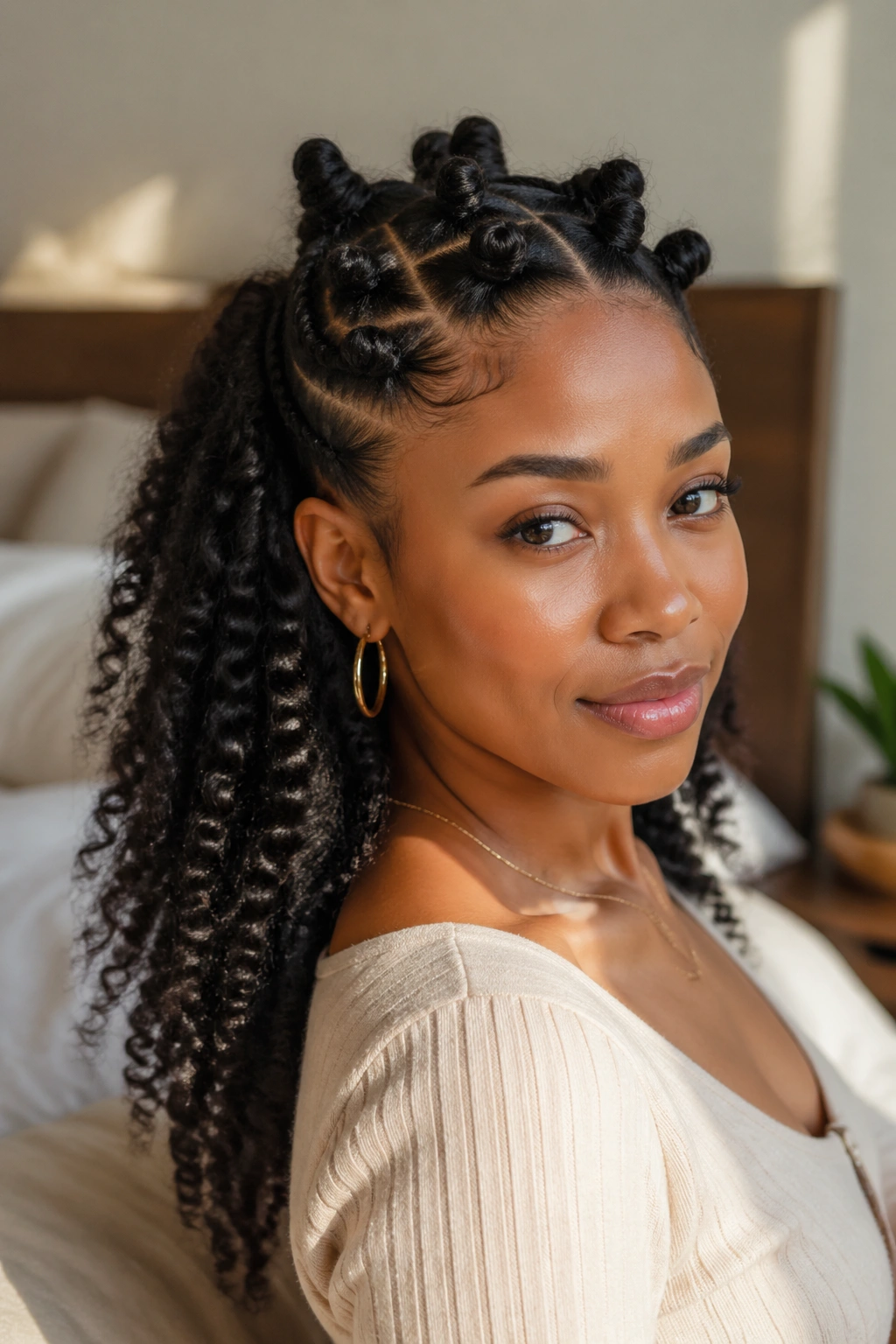 Close-up of half-up Bantu knots with a full curl curtain on a real person