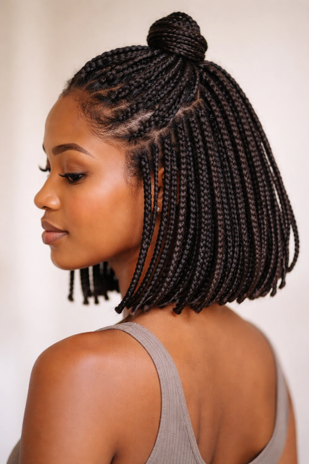 Close-up of a bob-length braided hairstyle with half-up top knot and loose lower section