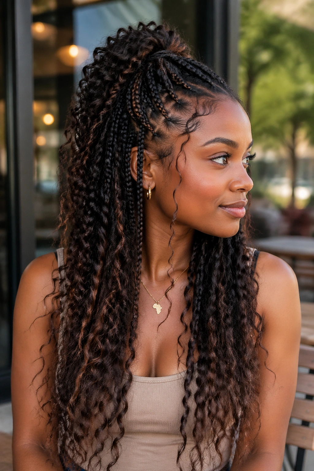 Half-up, half-down boho braids on a real woman outdoors.