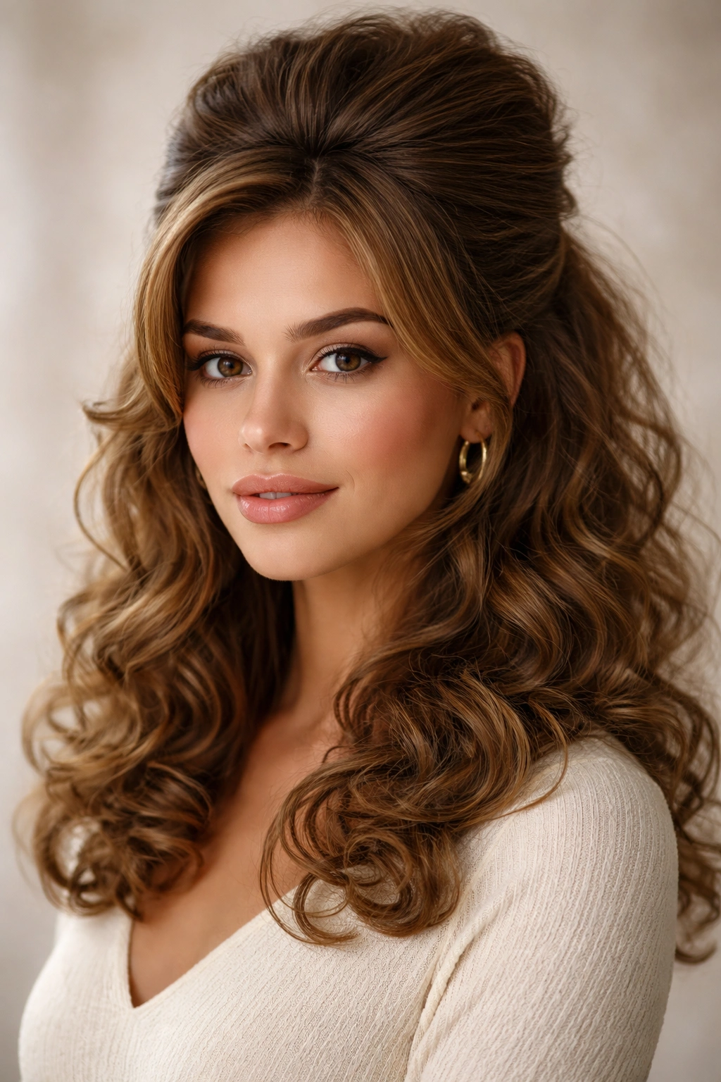 Bouffant hairstyle with teased crown and loose face-framing curls