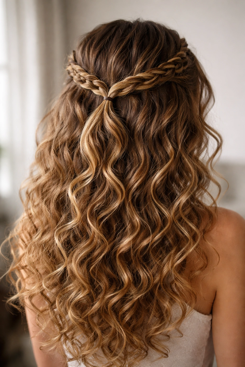 Half-up braided crown on long curly hair