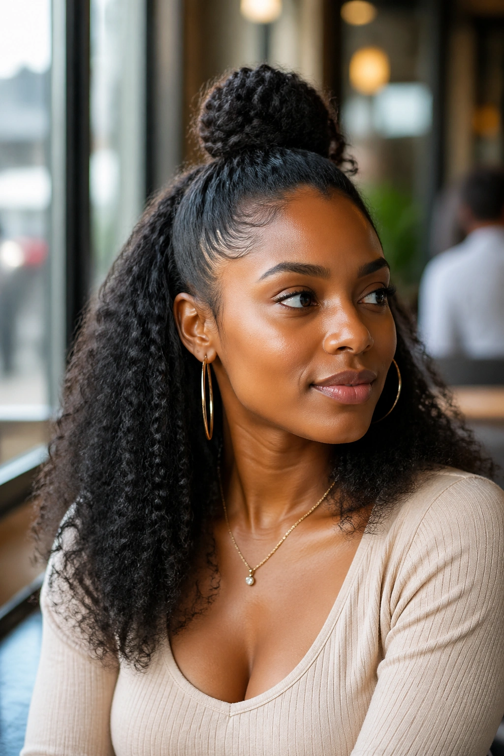 Close-up of a real woman with a half-up half-down bun at a cafe window.