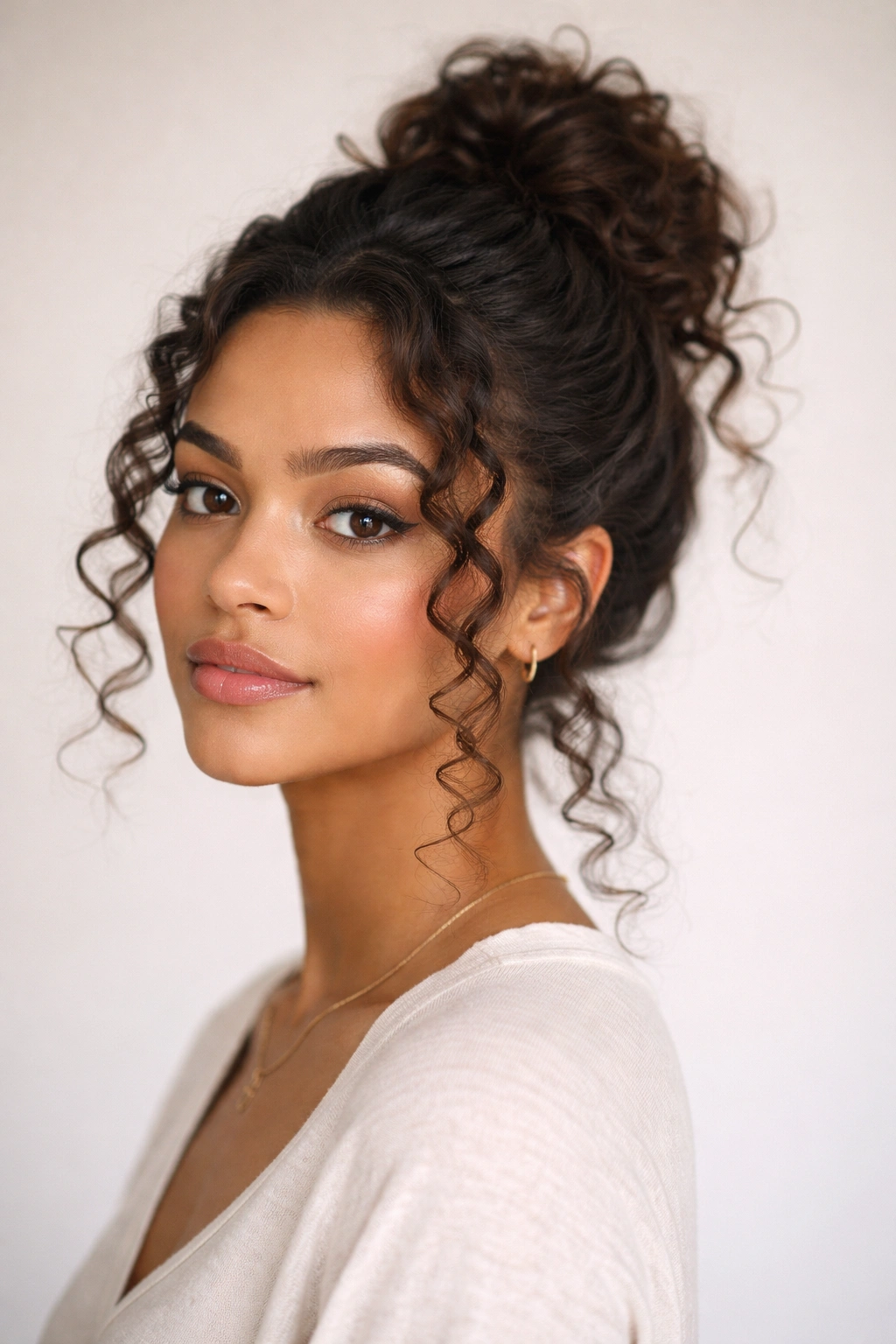 Half-up messy bun with face-framing curls and top section secured back