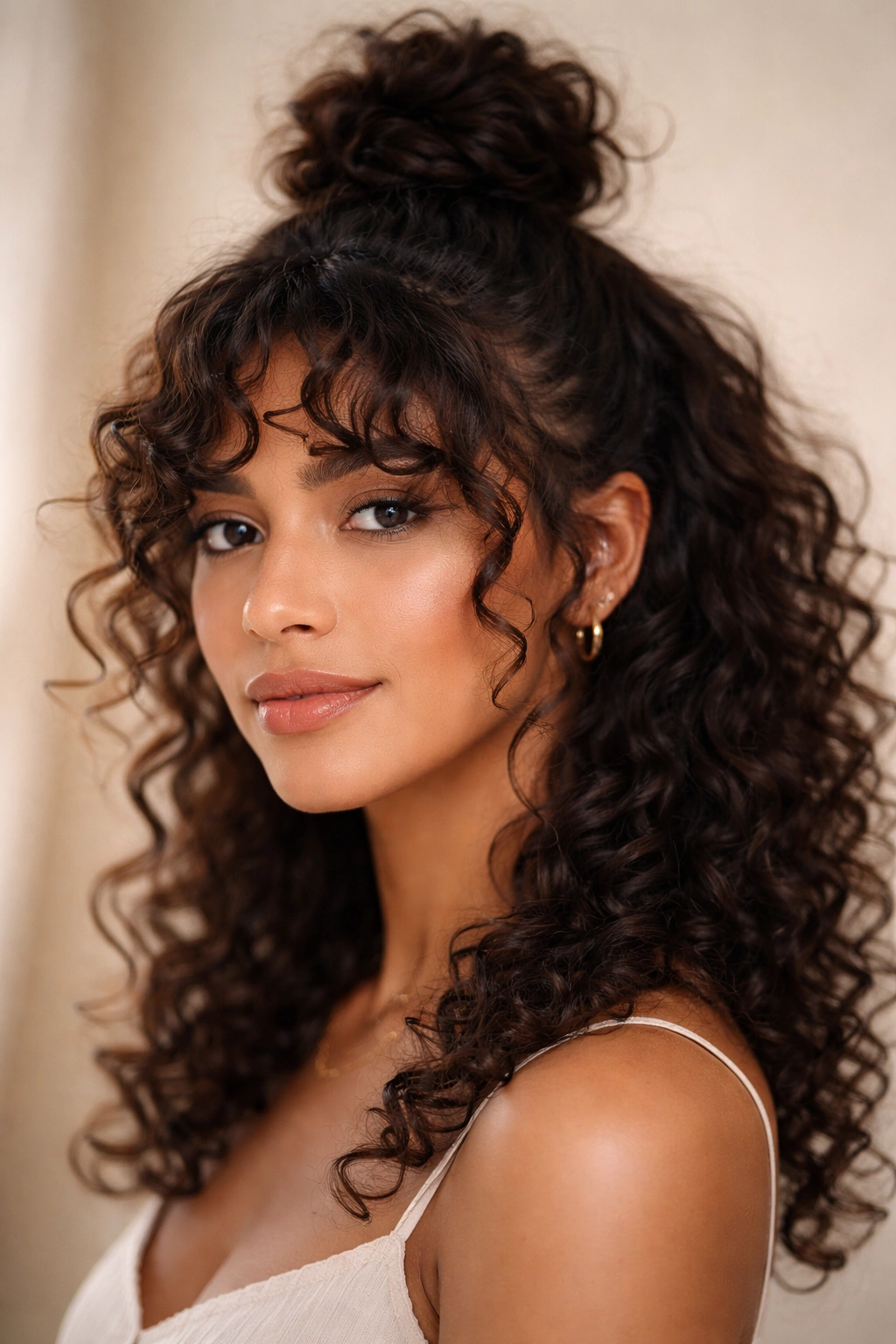 Half-up bun with curly fringe framing face
