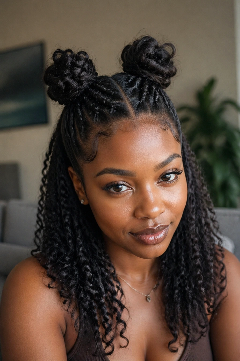 Close-up of a real Black woman wearing a double bun half-up hairstyle with loose textured hair.