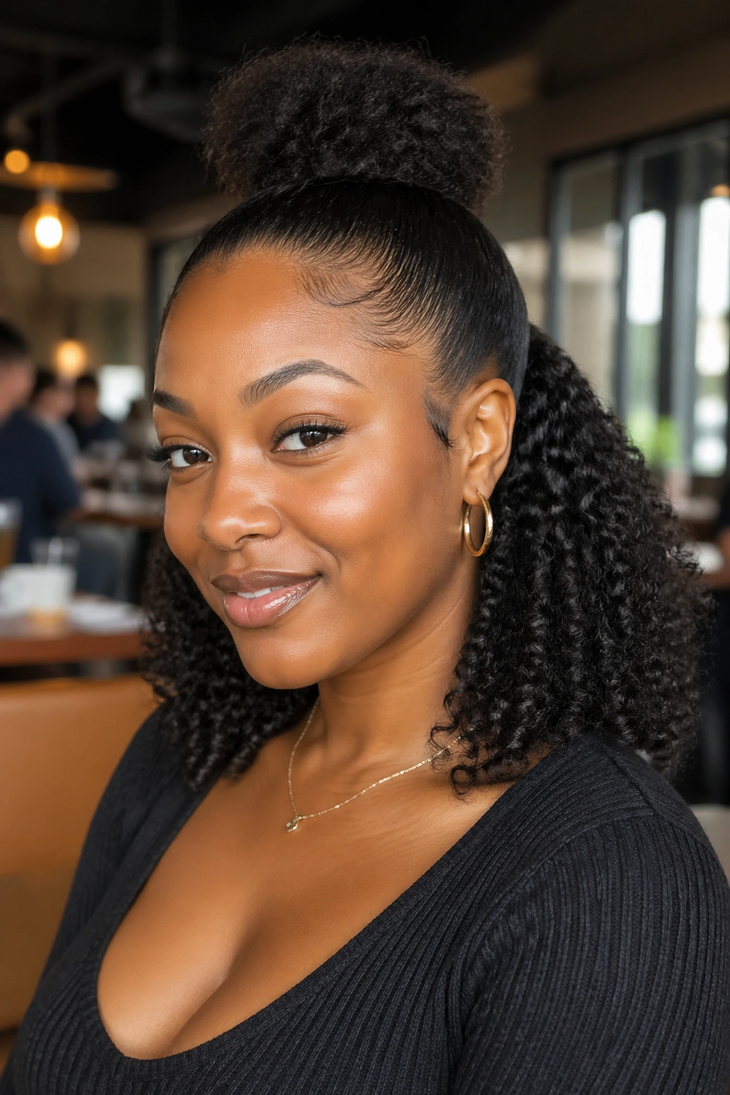 Close-up of a real woman with a half-up bun and smooth sides.