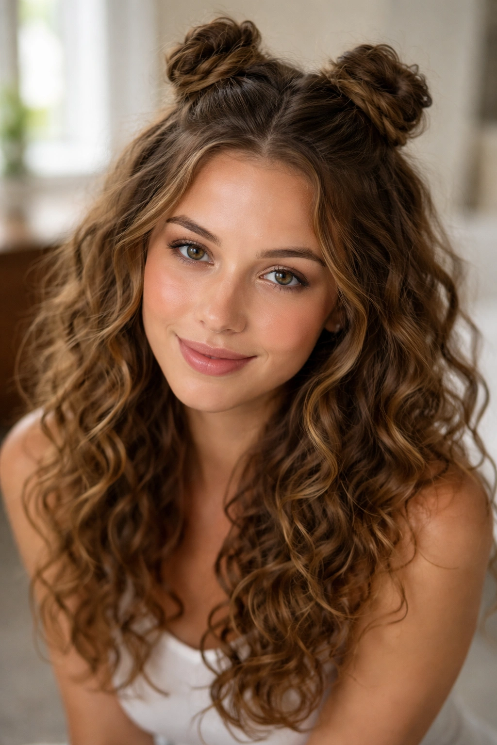 Close-up of two small half-up buns with loose curls framing the face