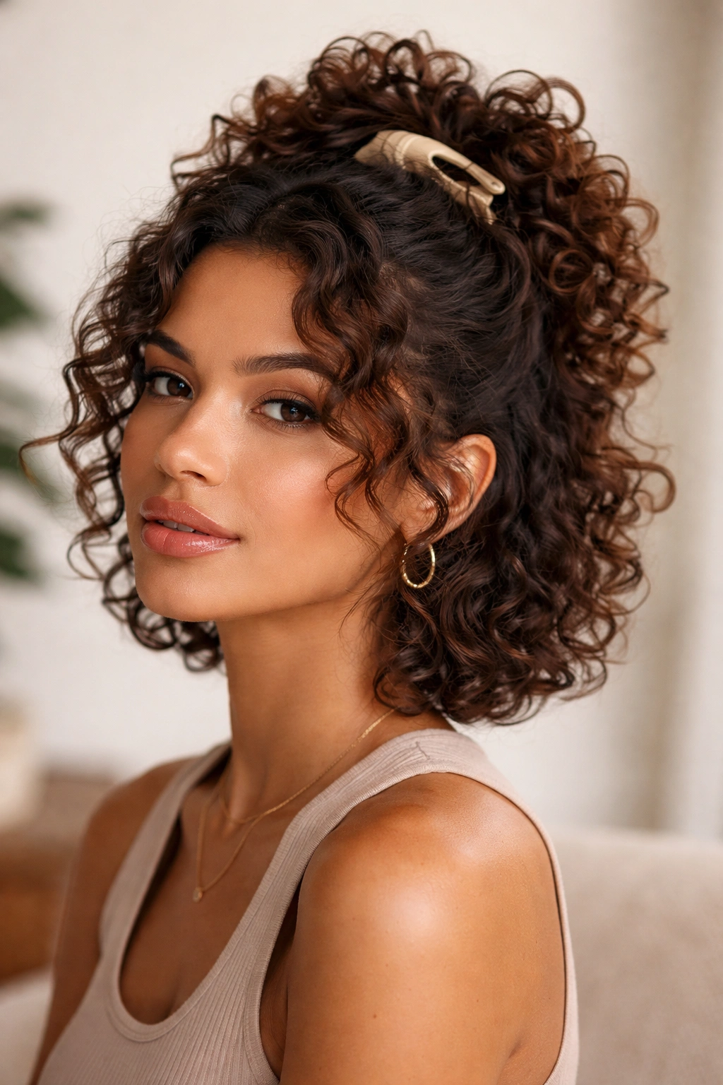 Half-up hairstyle on short curls with a claw clip crown.