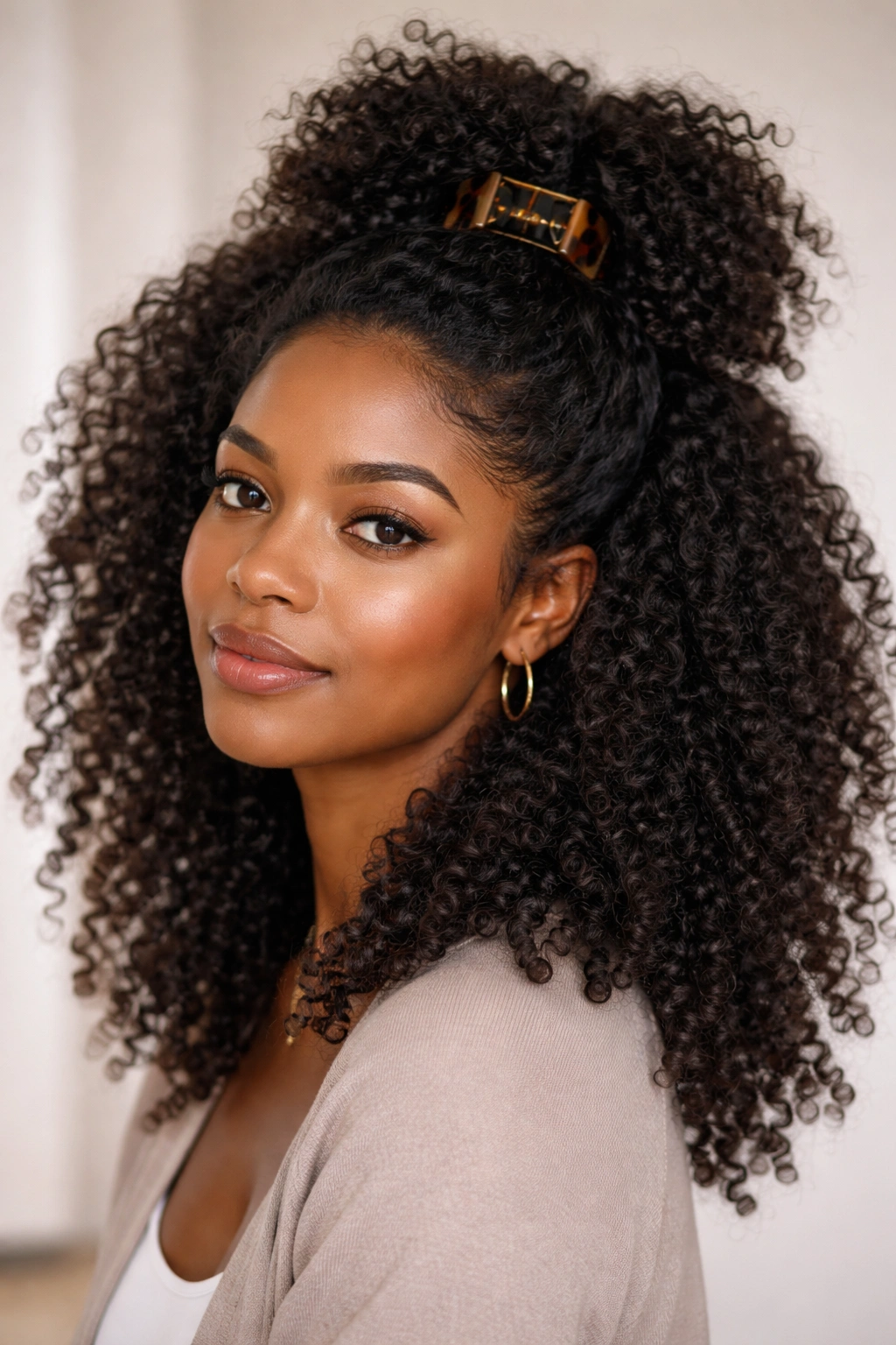 Close-up of a half-up afro with crown lifted by a claw clip and loose textured curls