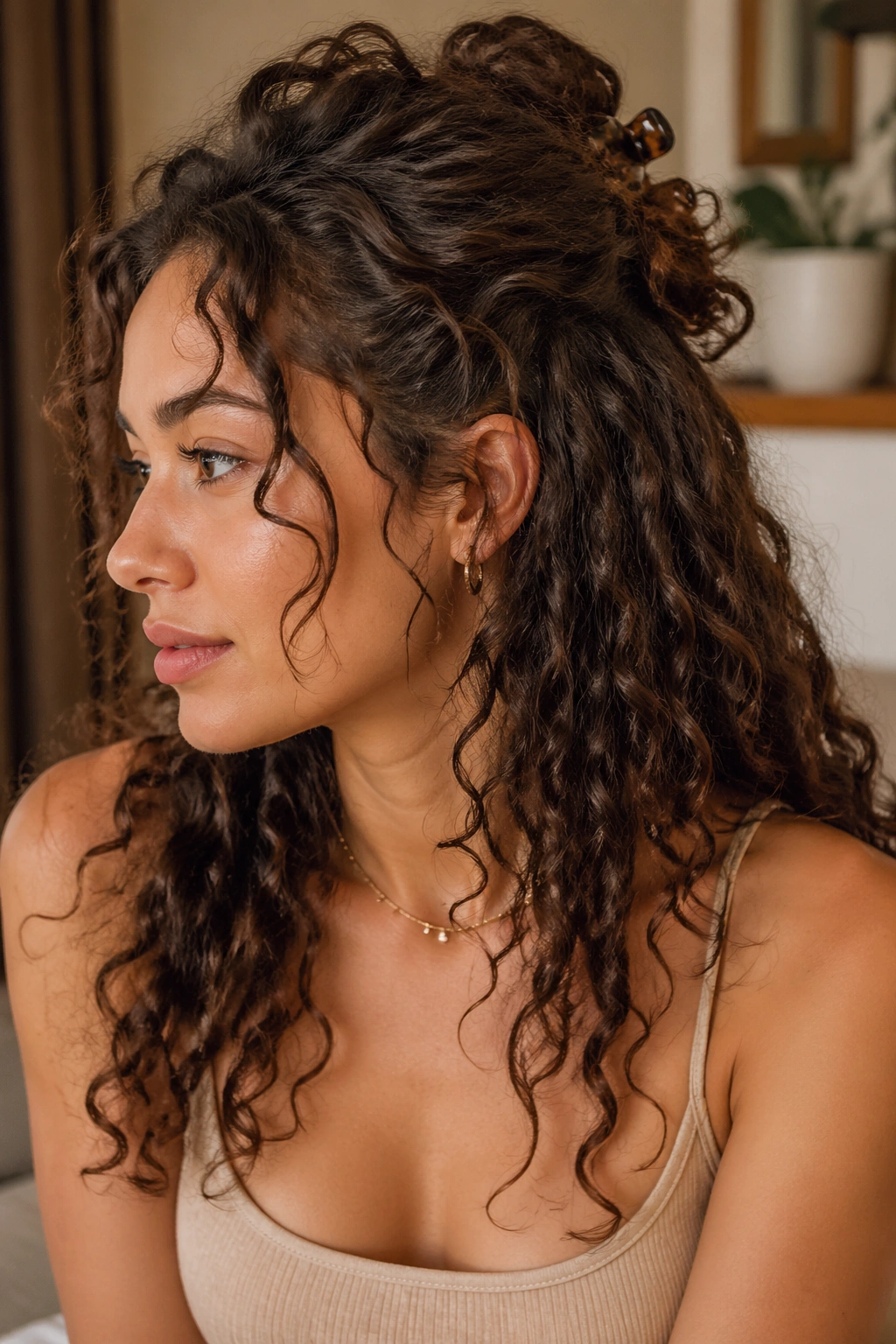 Real woman wearing a half-up, half-down hairstyle secured with a claw clip.
