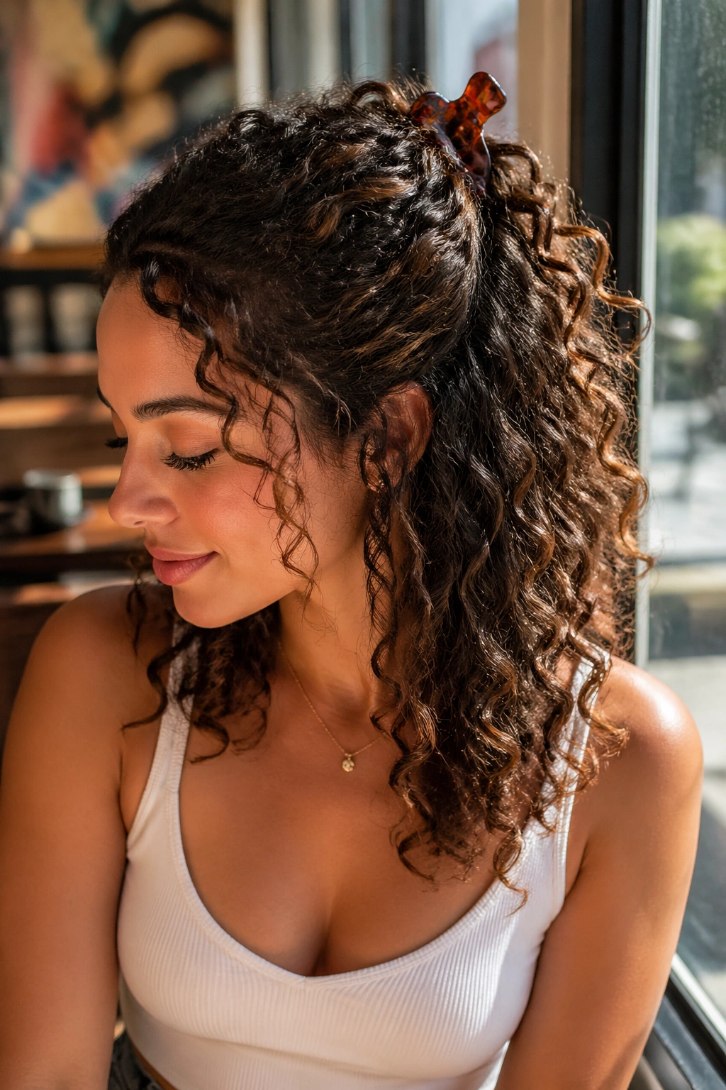 The half-up claw clip on a real woman with top half back and bottom curls in sunlit cafe window