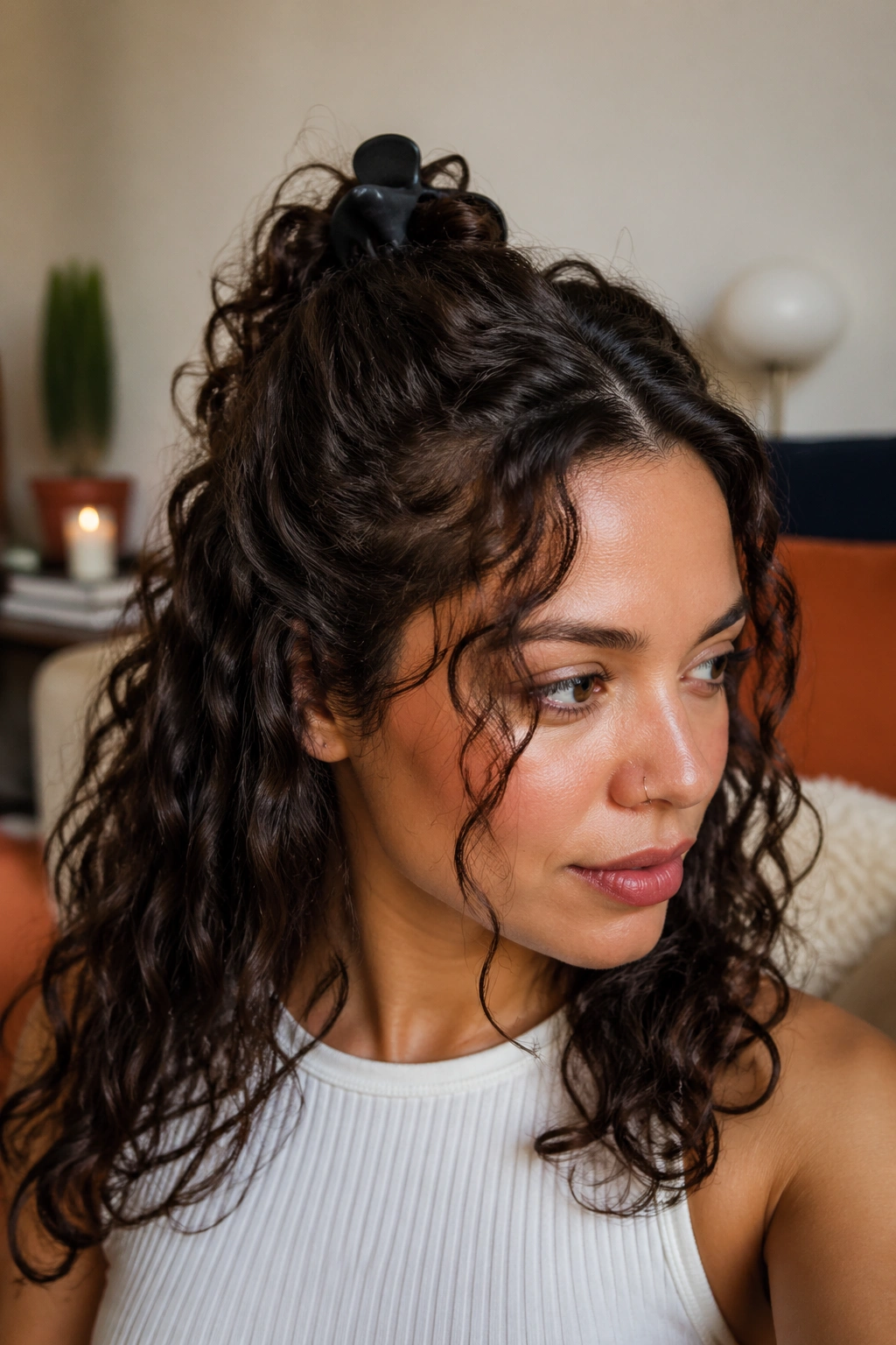 Portrait of a real person with a half-up claw clip and loose curls