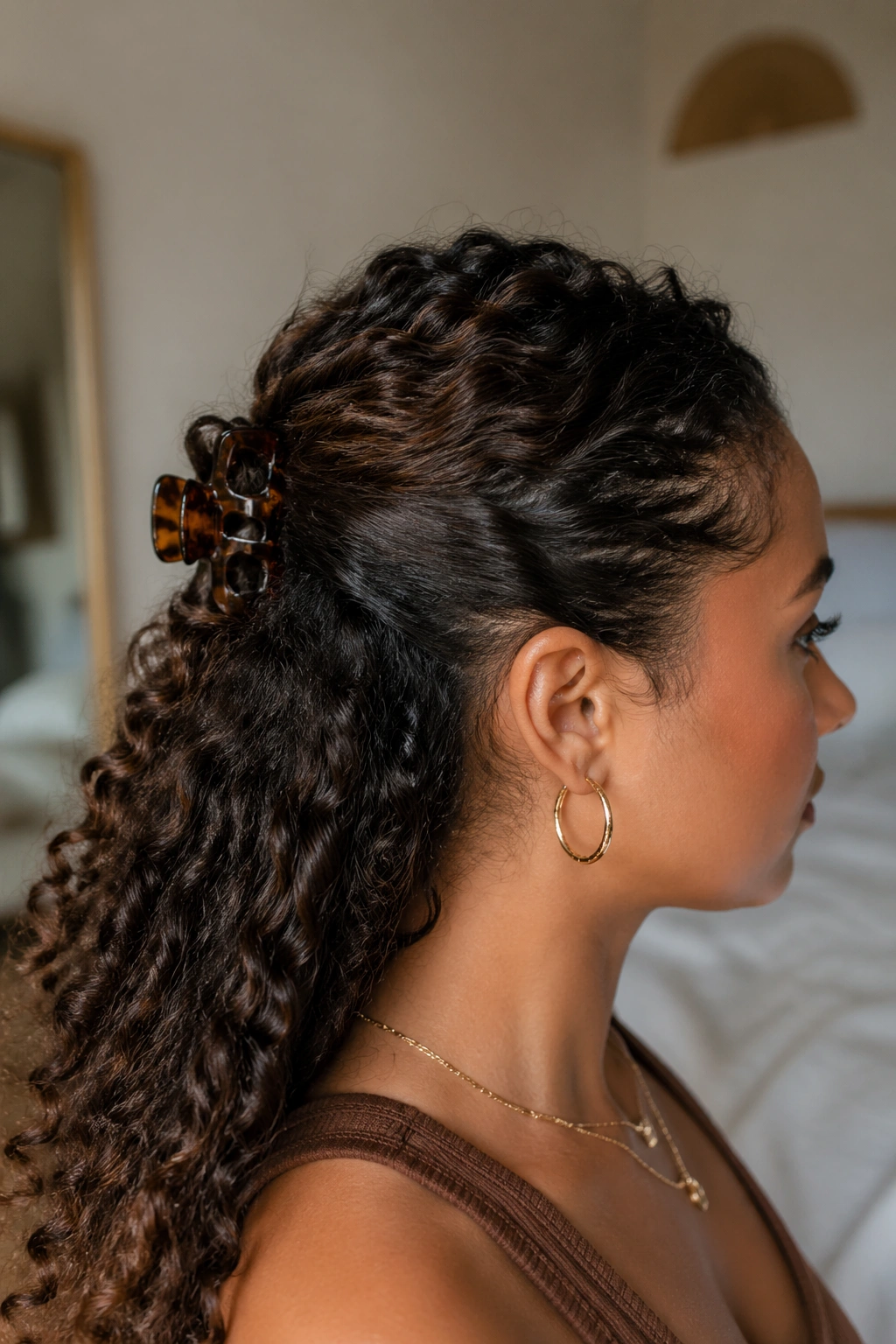 Close-up of a real person with a half-up half-down hairstyle secured by a clip