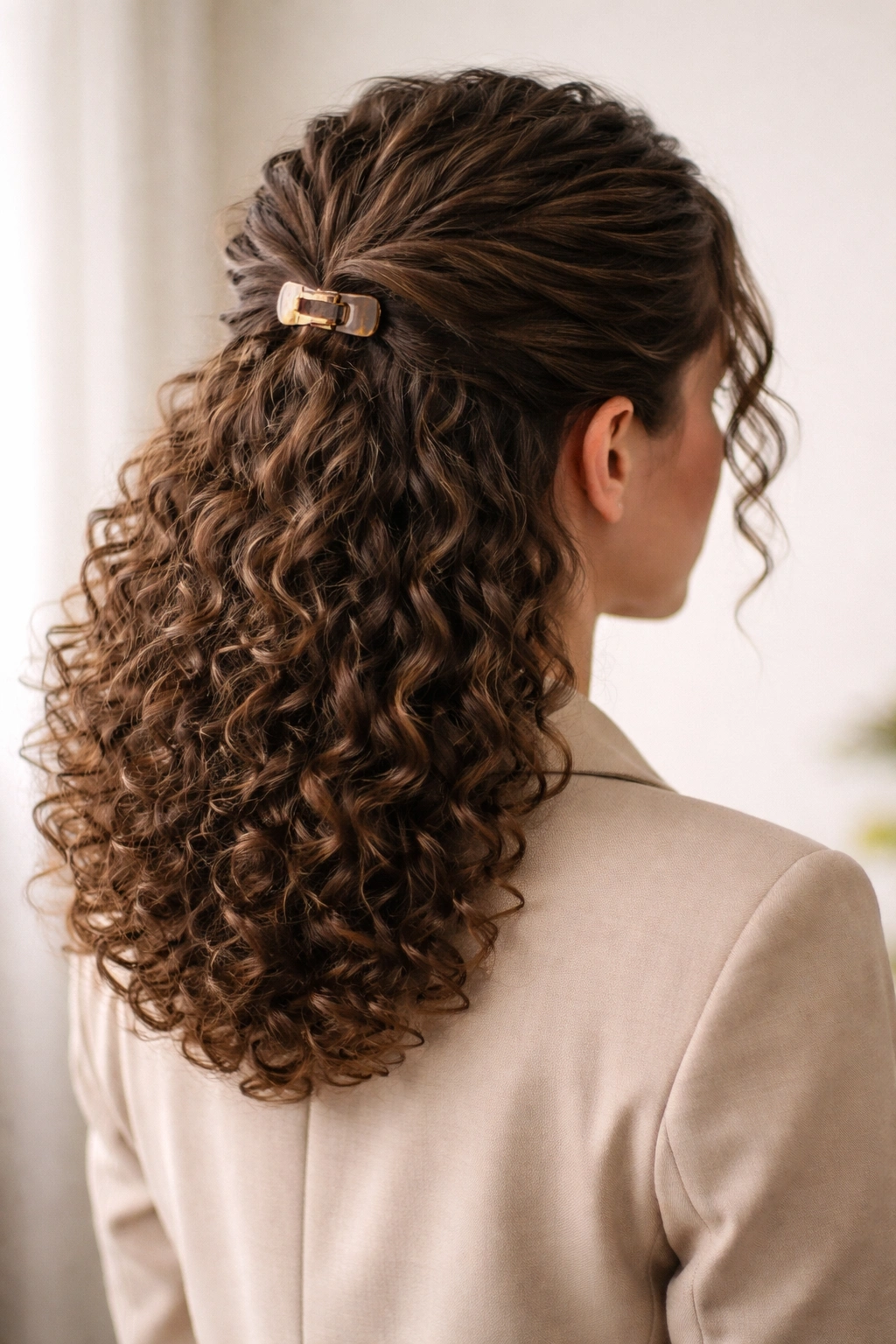 Half-up curly hairstyle with a medium clip securing the twist