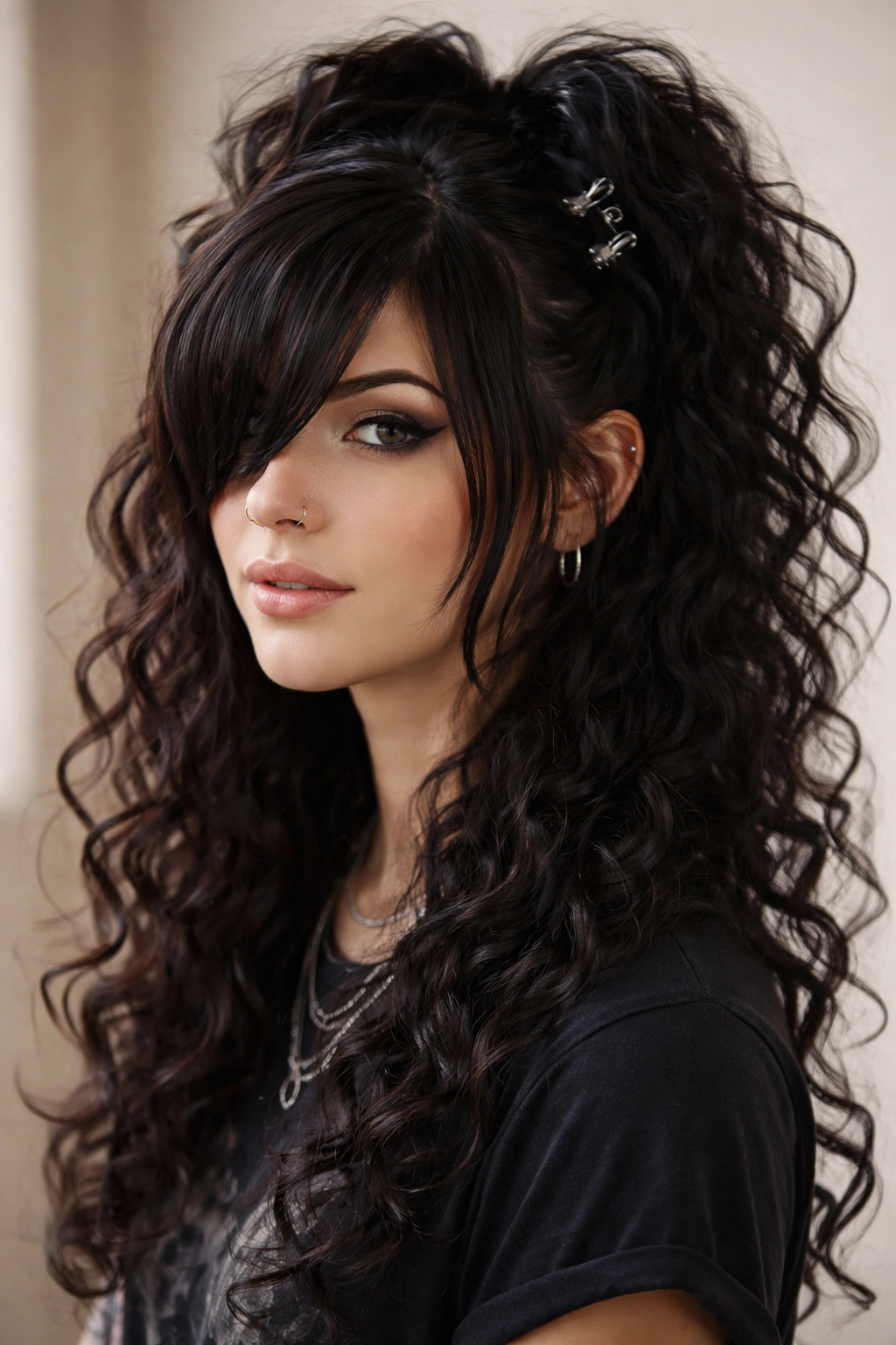 Half-up with clips and loose curls around the face