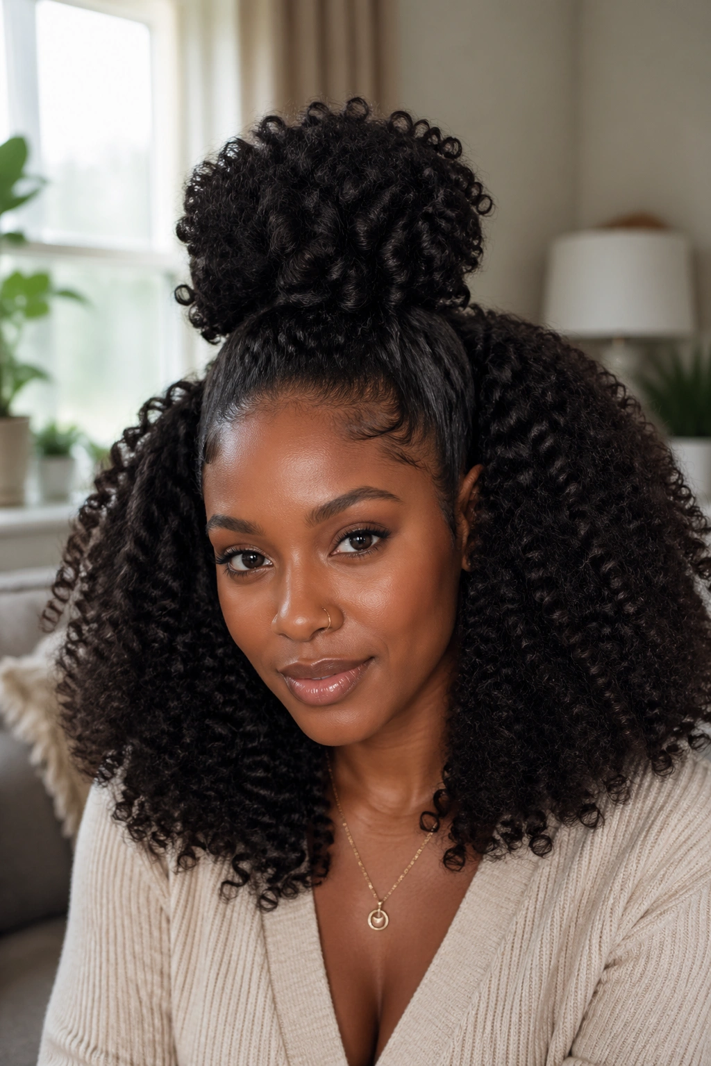Close-up portrait of a real person with half-up crochet afro