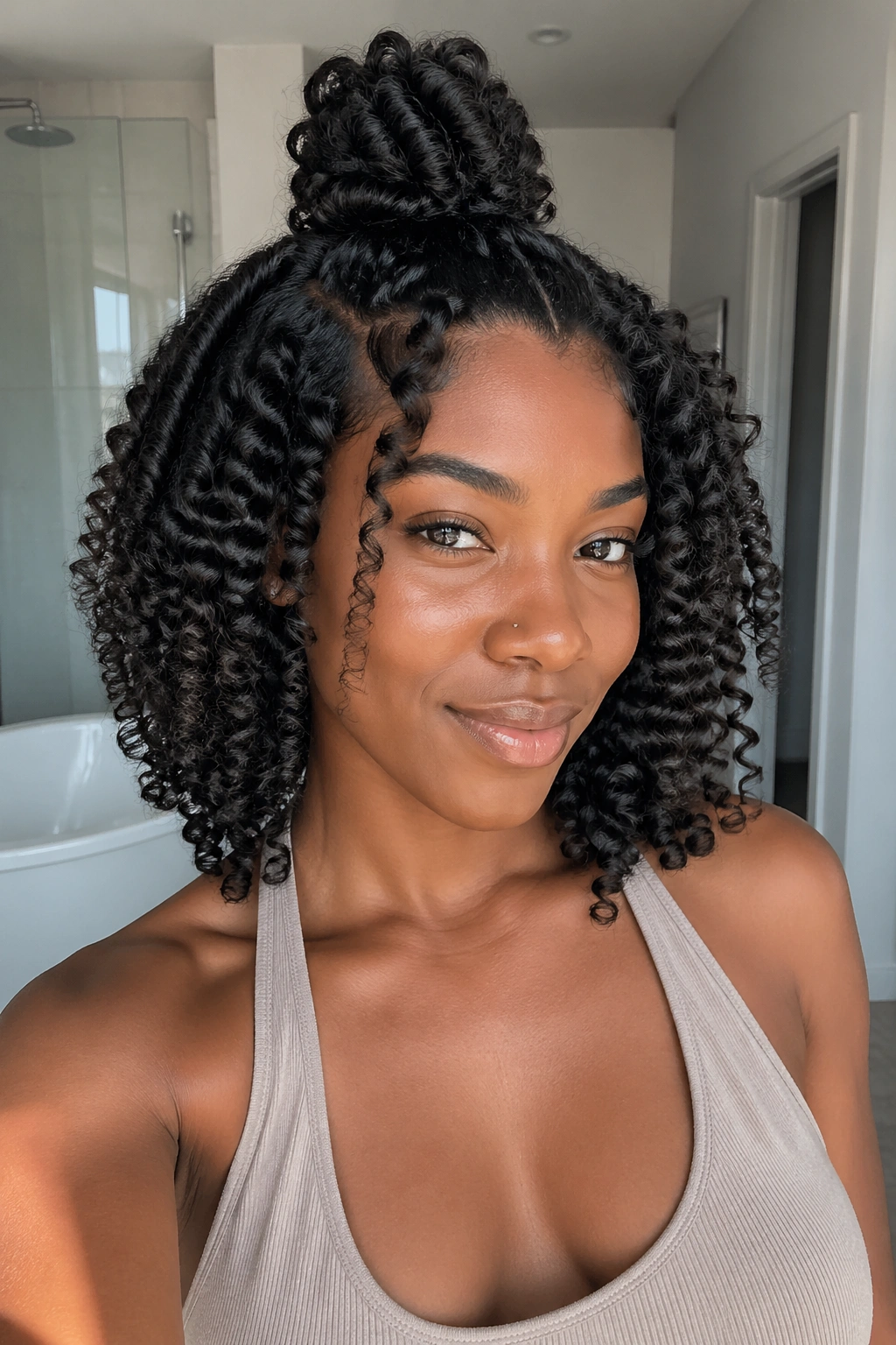 Close-up portrait of a real person with half-up curly crochet style and small top knot